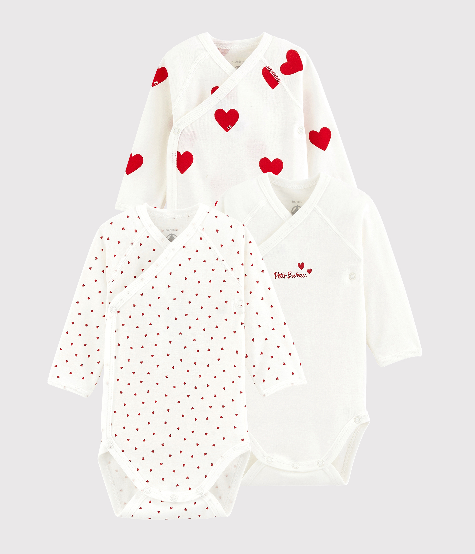 Babies' long-sleeved wrapover red heart organic cotton bodysuits - Pack of 3