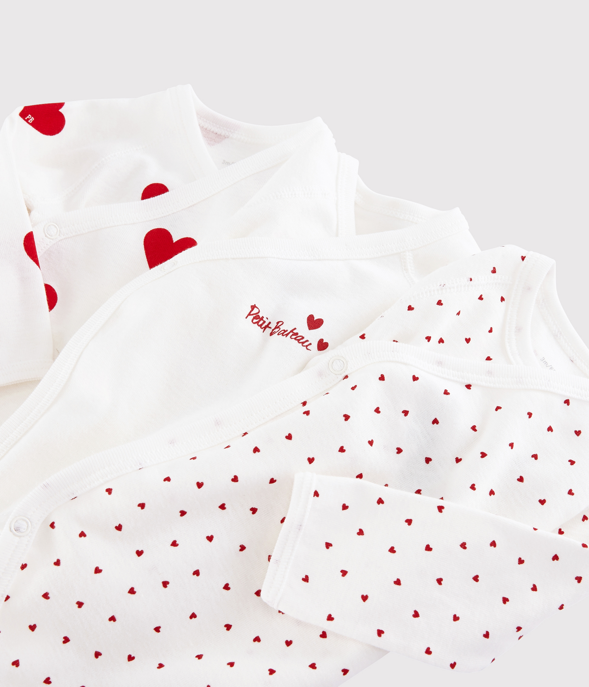 Babies' long-sleeved wrapover red heart organic cotton bodysuits - Pack of 3