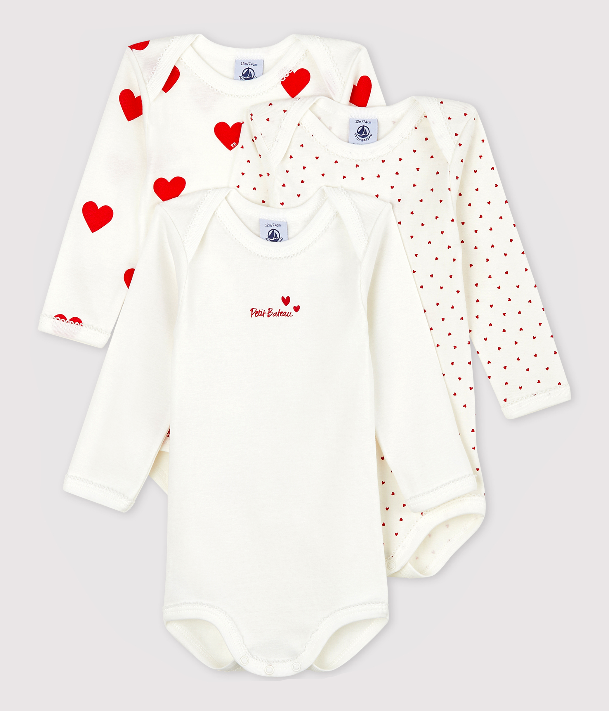 Babies' heart patterned long-sleeved cotton bodysuits - Pack of 3