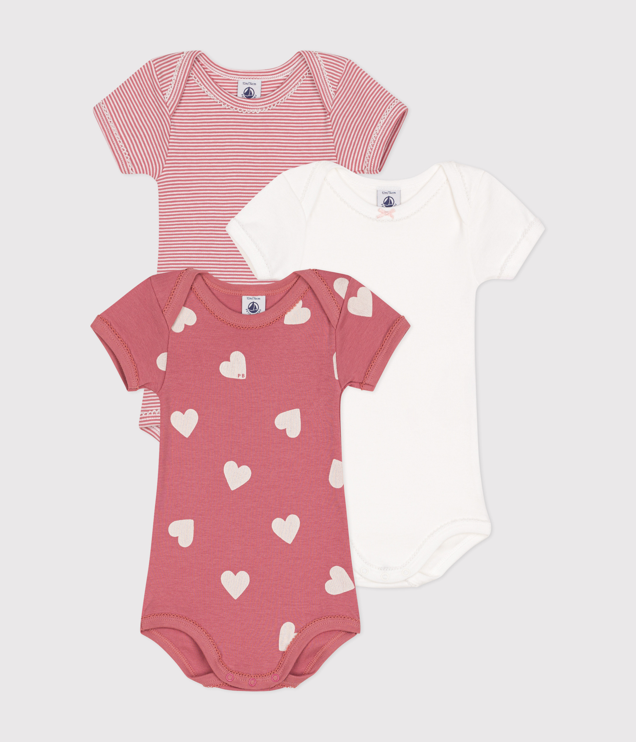 Babies Short-Sleeved Heart-Pattern Cotton Bodysuits - 3-Pack