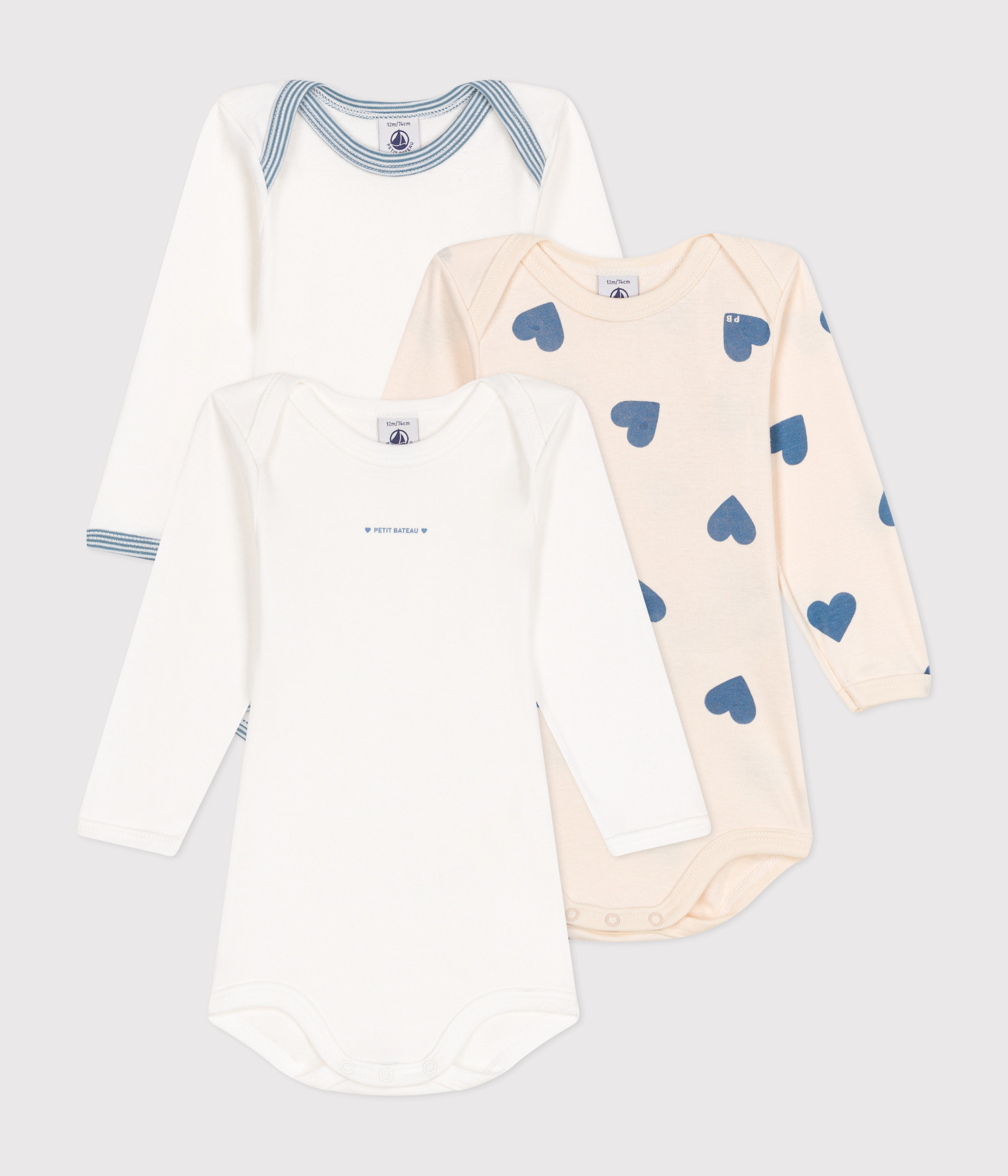 Babies' Long-Sleeved Blue Heart-Patterned Cotton Bodysuits - 3-Pack