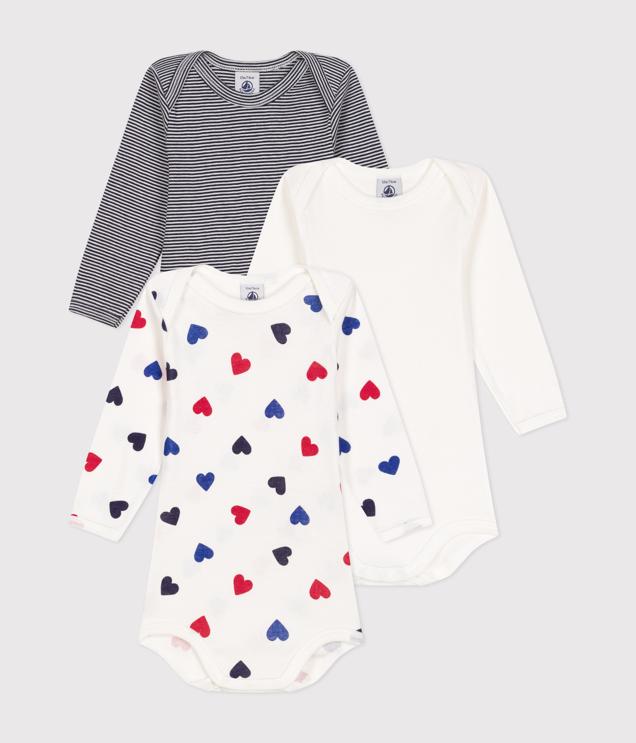 Babies' Long-Sleeved Cotton Bodysuits With A Triple Heart Print - 3-Pack