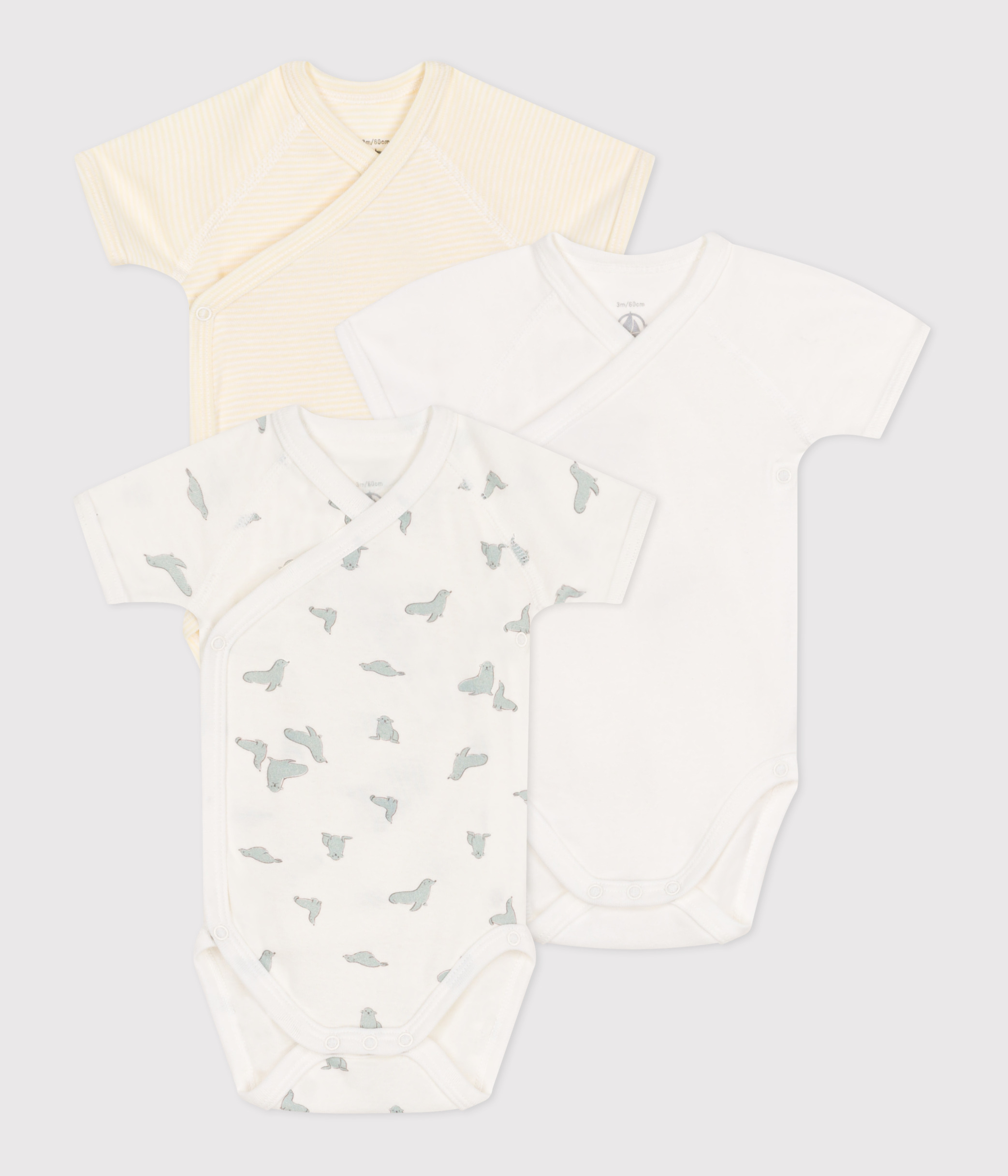 Babies' short-sleeved printed cotton wrapover bodysuits - 3-Pack