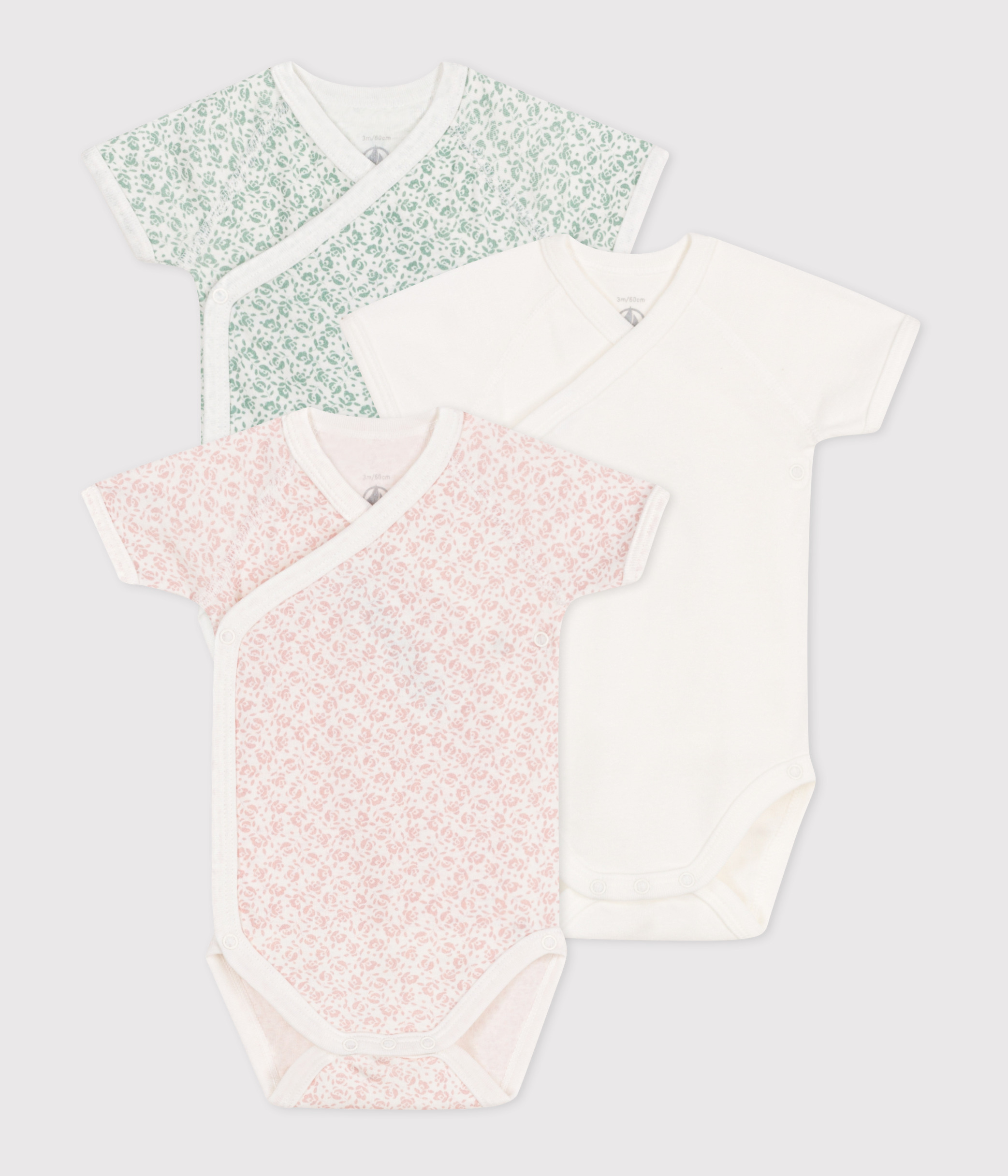 Babies' short-sleeved printed cotton wrapover bodysuits - 3-Pack
