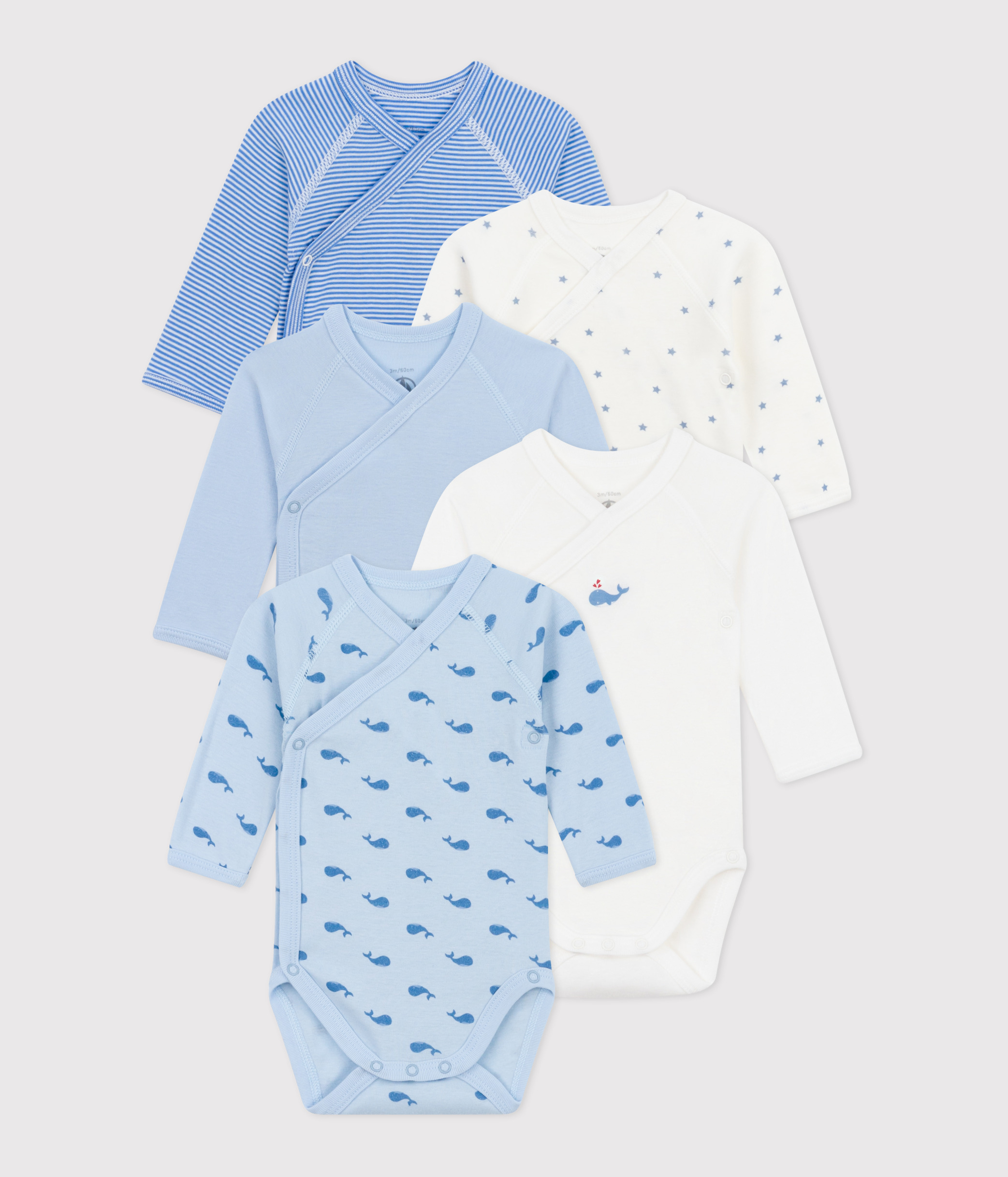 Set of 5 baby cotton long-sleeved crossover printed bodysuits