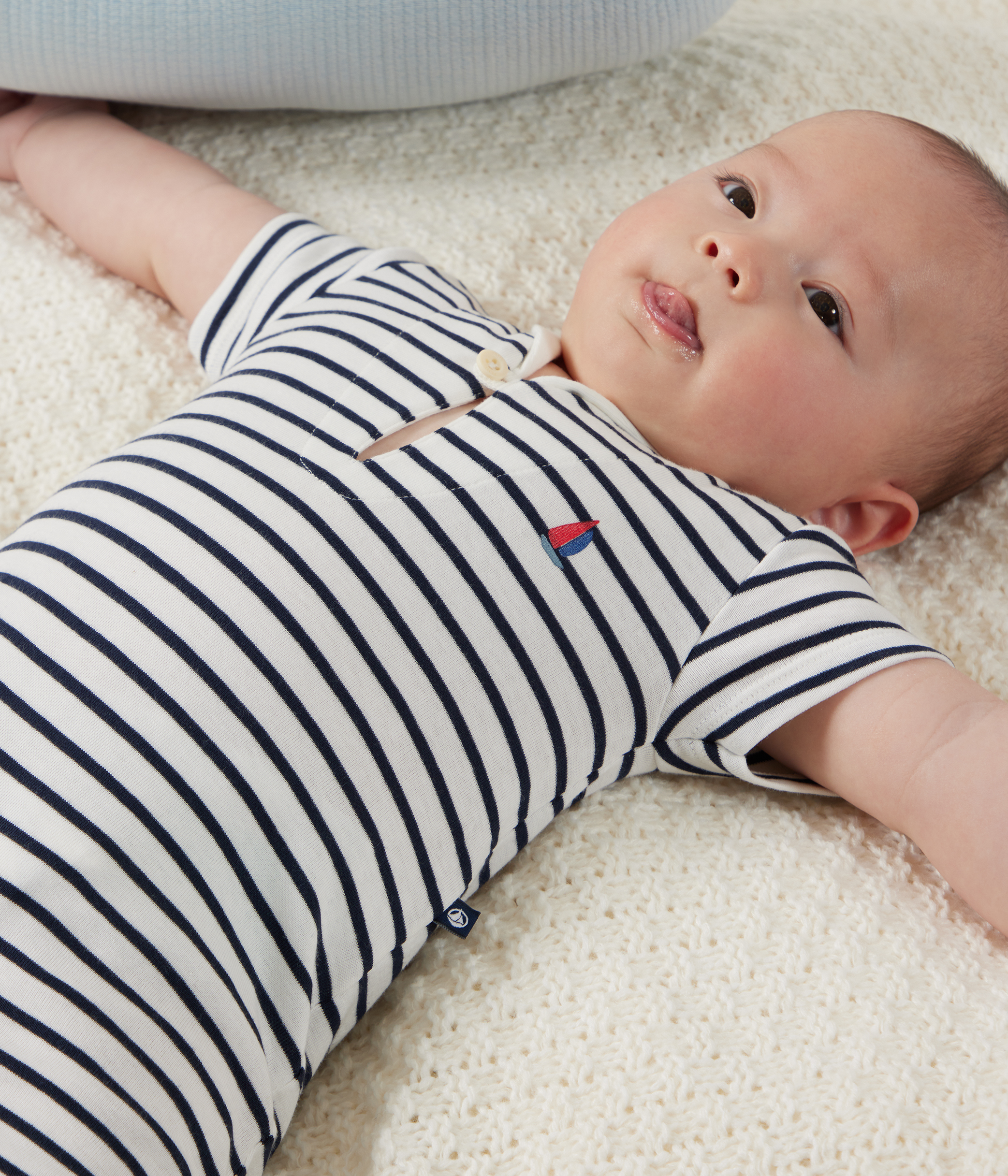 Babies' stripy cotton playsuit with a sailor collar