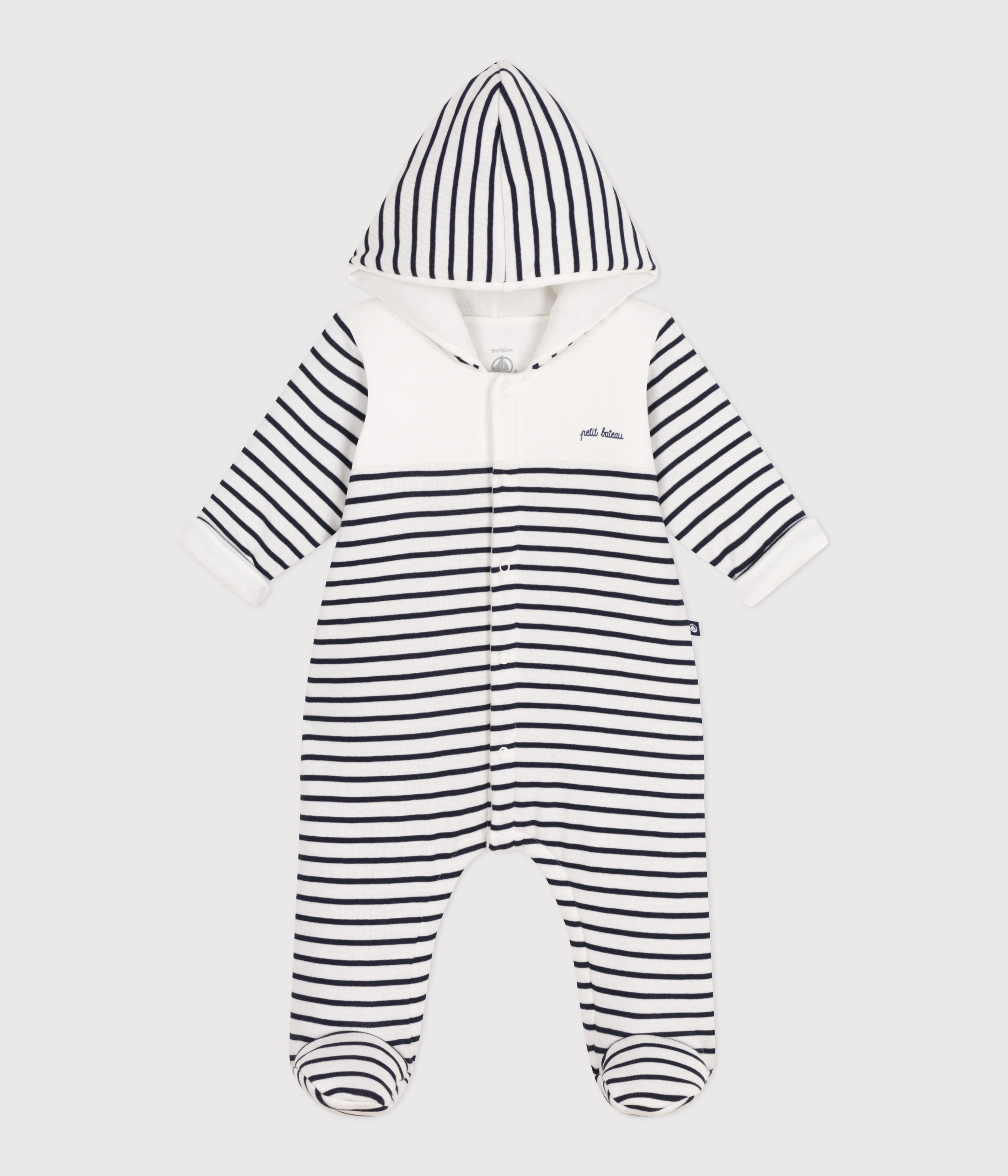 Babies' Breton-stripe padded playsuit with a hood and feet