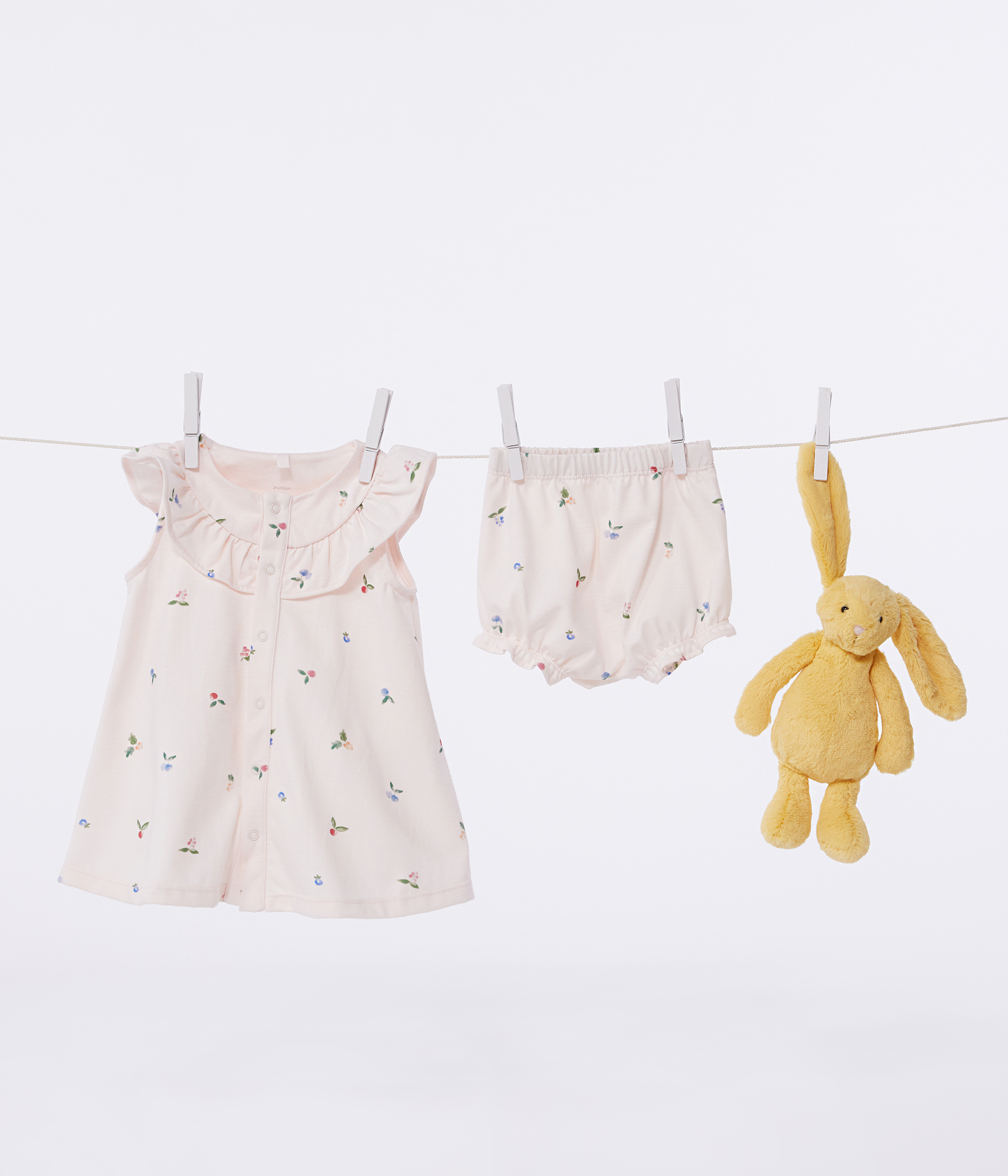 Babies' short-sleeved fruit print cotton dress and bloomers