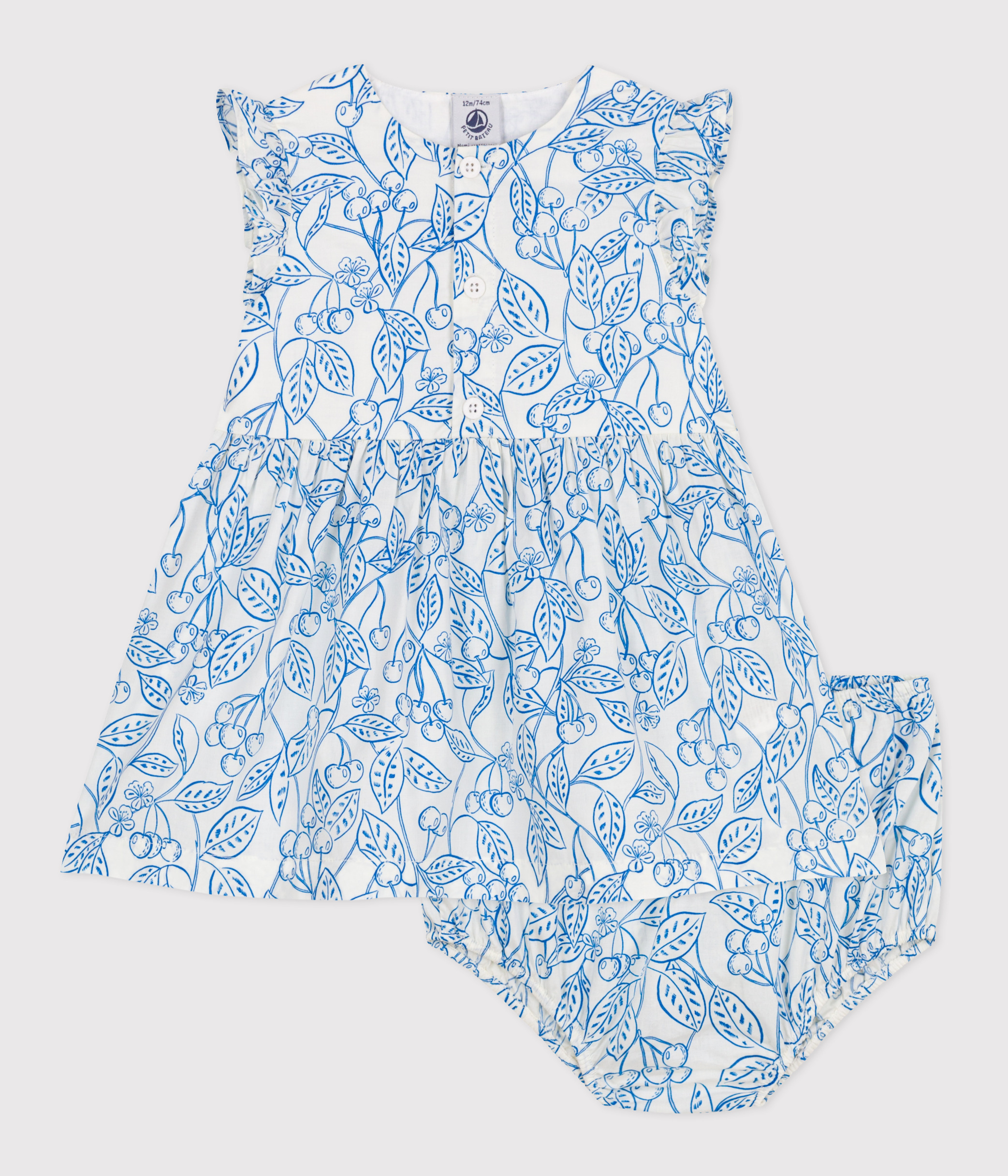 Babies' cotton dress and bloomers with a blue cherry print