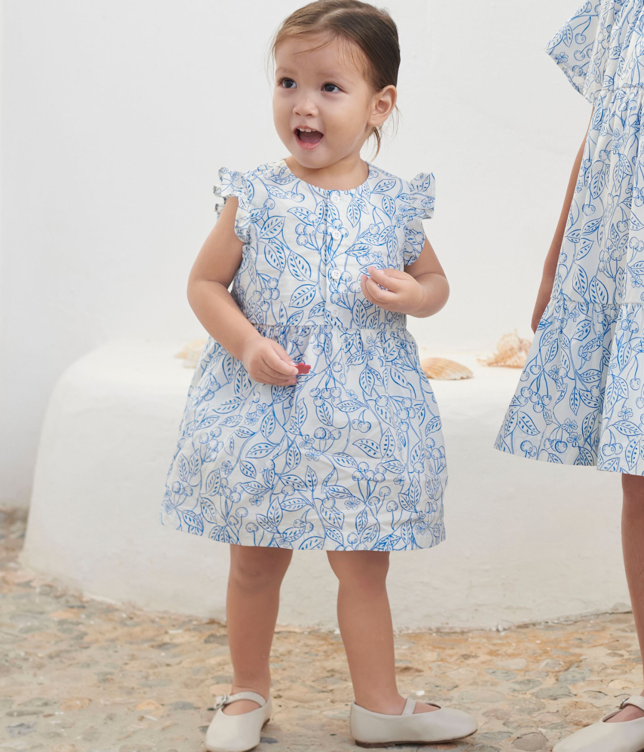 Babies' cotton dress and bloomers with a blue cherry print