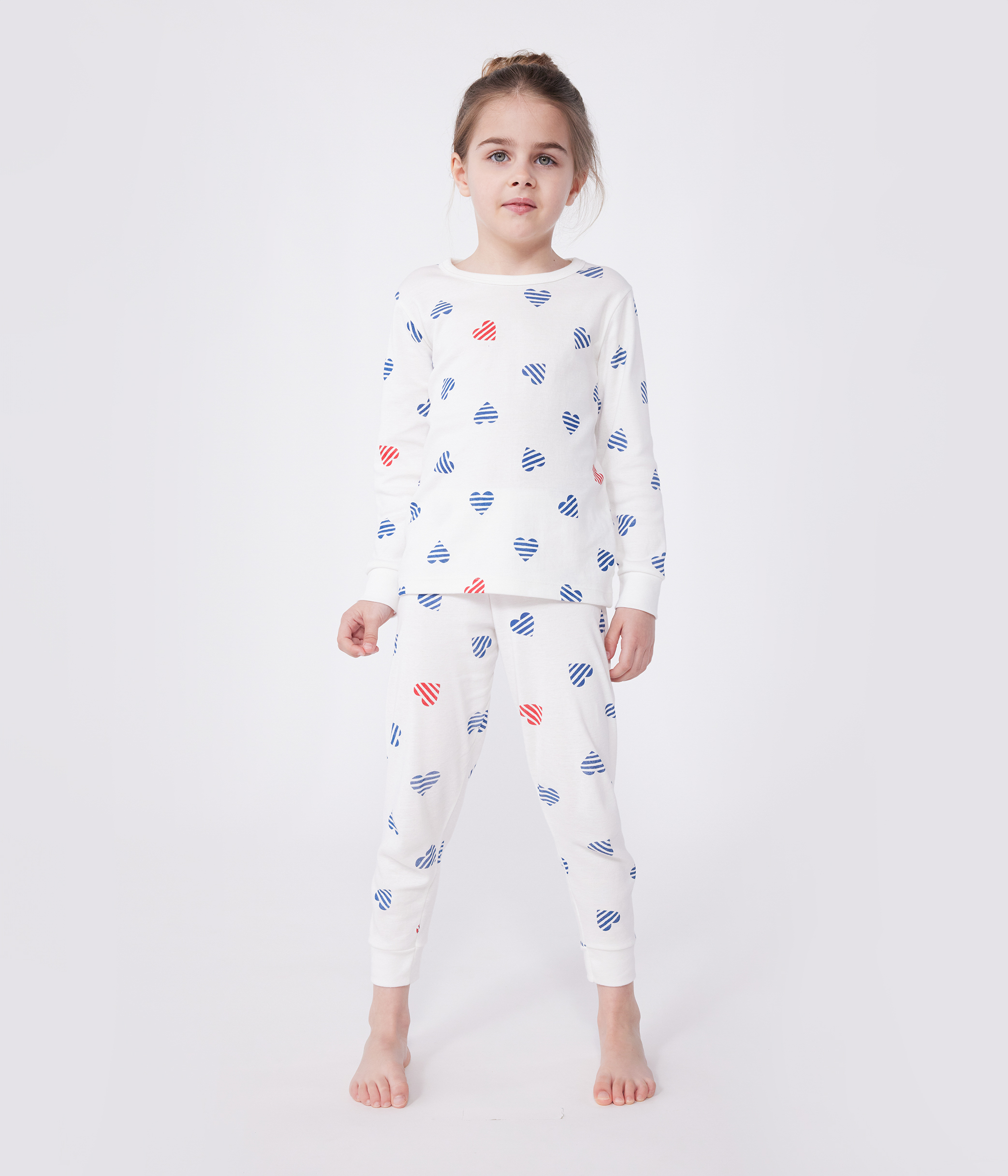 Children's cotton long-sleeved pyjamas with heart print