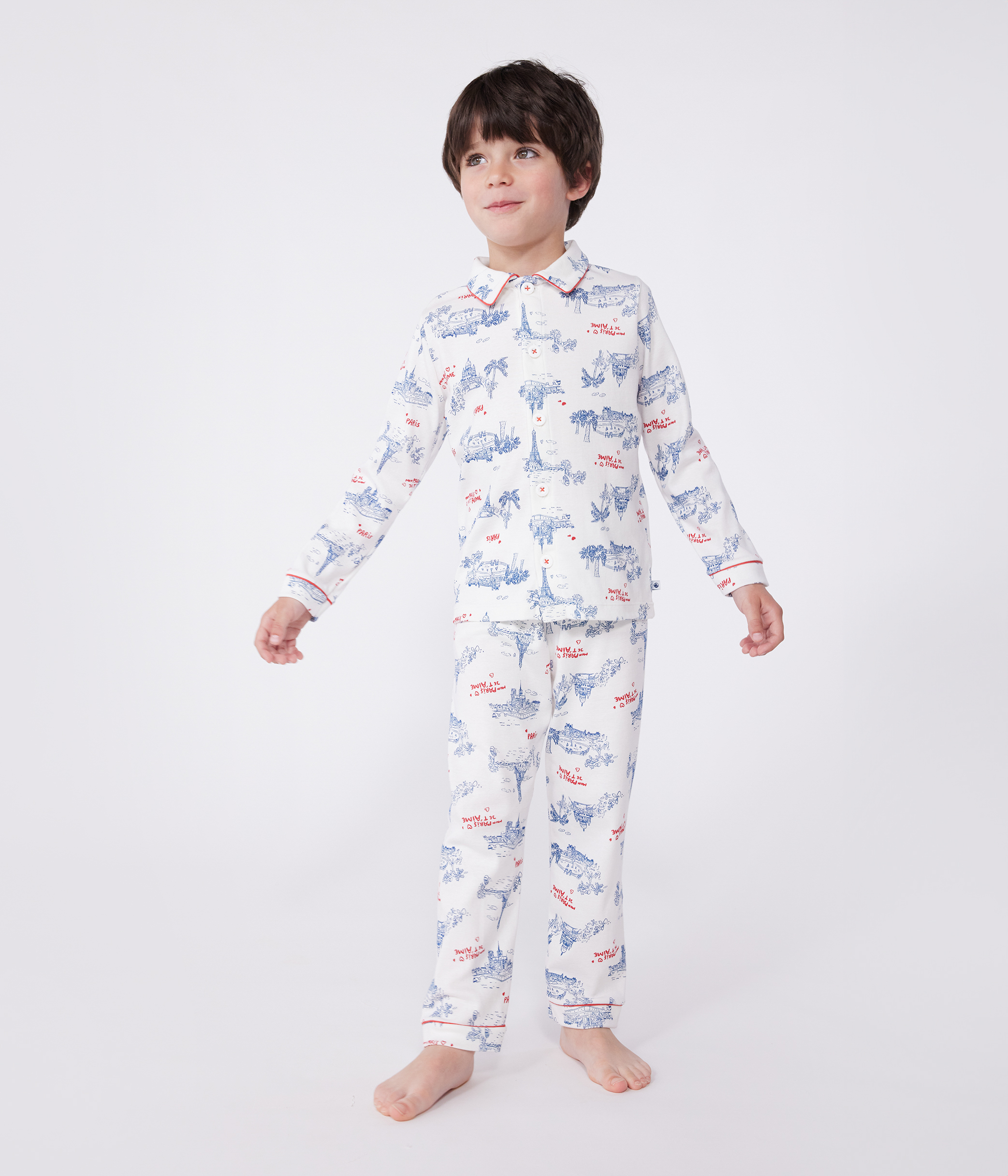 Children's buttoned cotton pyjamas with Paris print