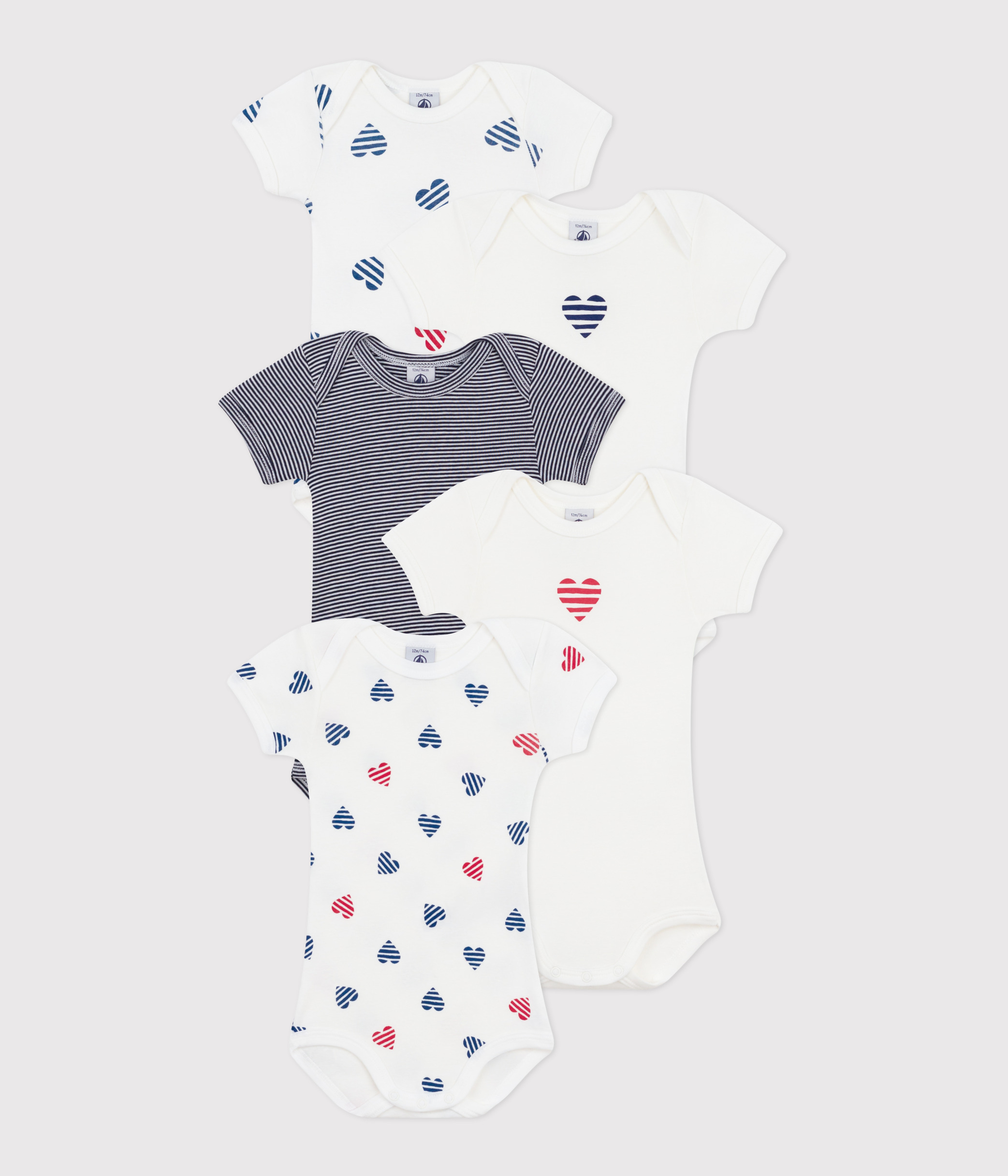 Set of 5 baby cotton short-sleeved bodysuits with striped hearts