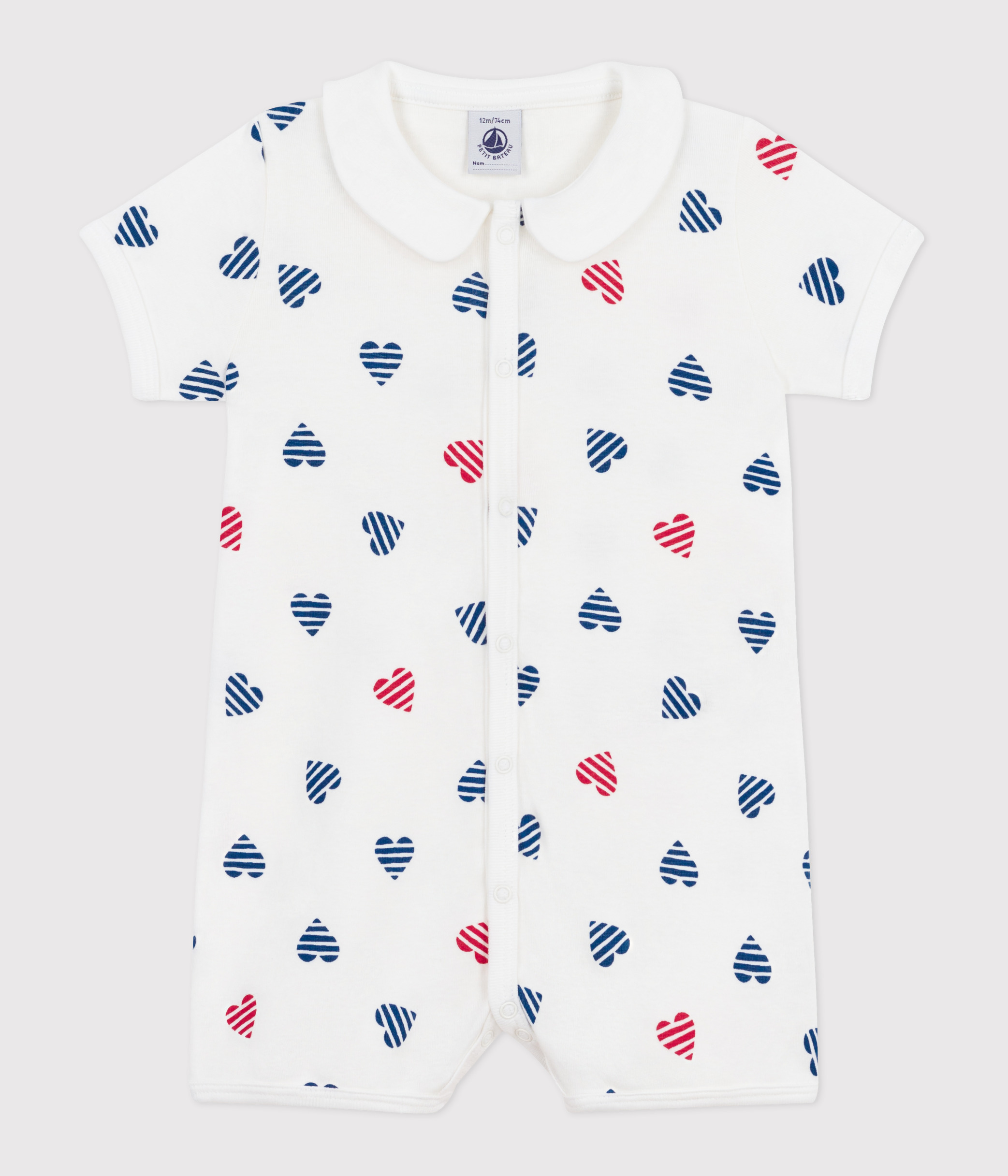 Baby short romper in cotton with striped heart collar