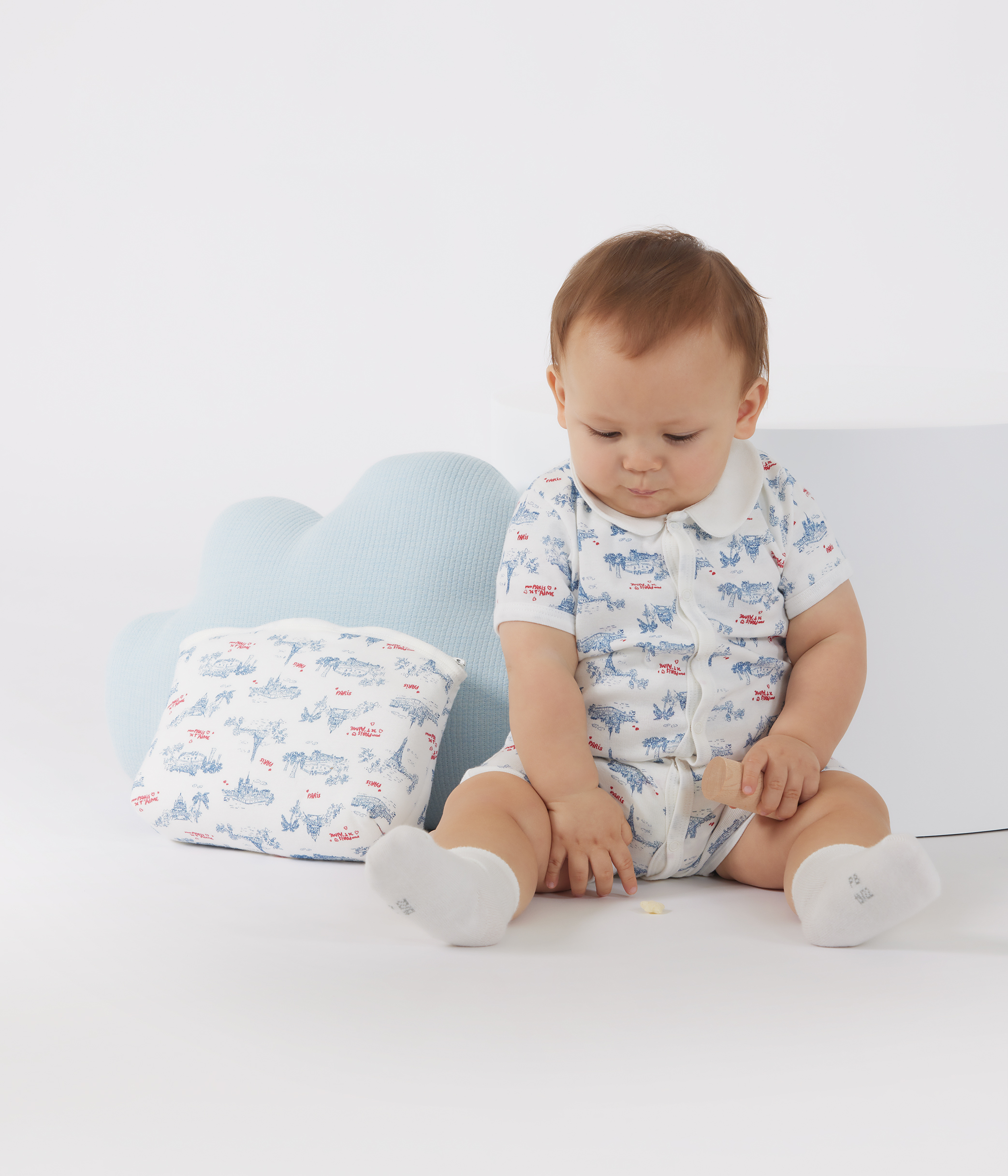 Baby short romper in cotton with Paris print and collar