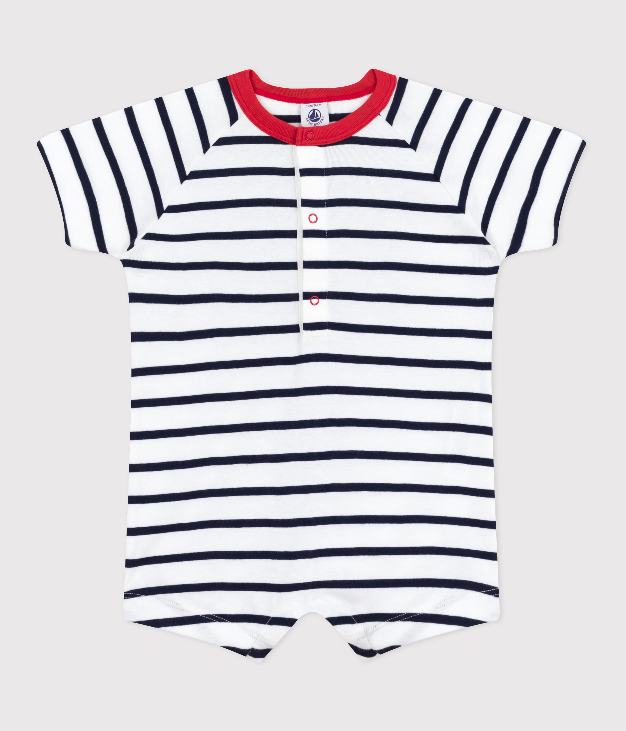 Babies' short-sleeved stripy cotton playsuit with a contrast collar