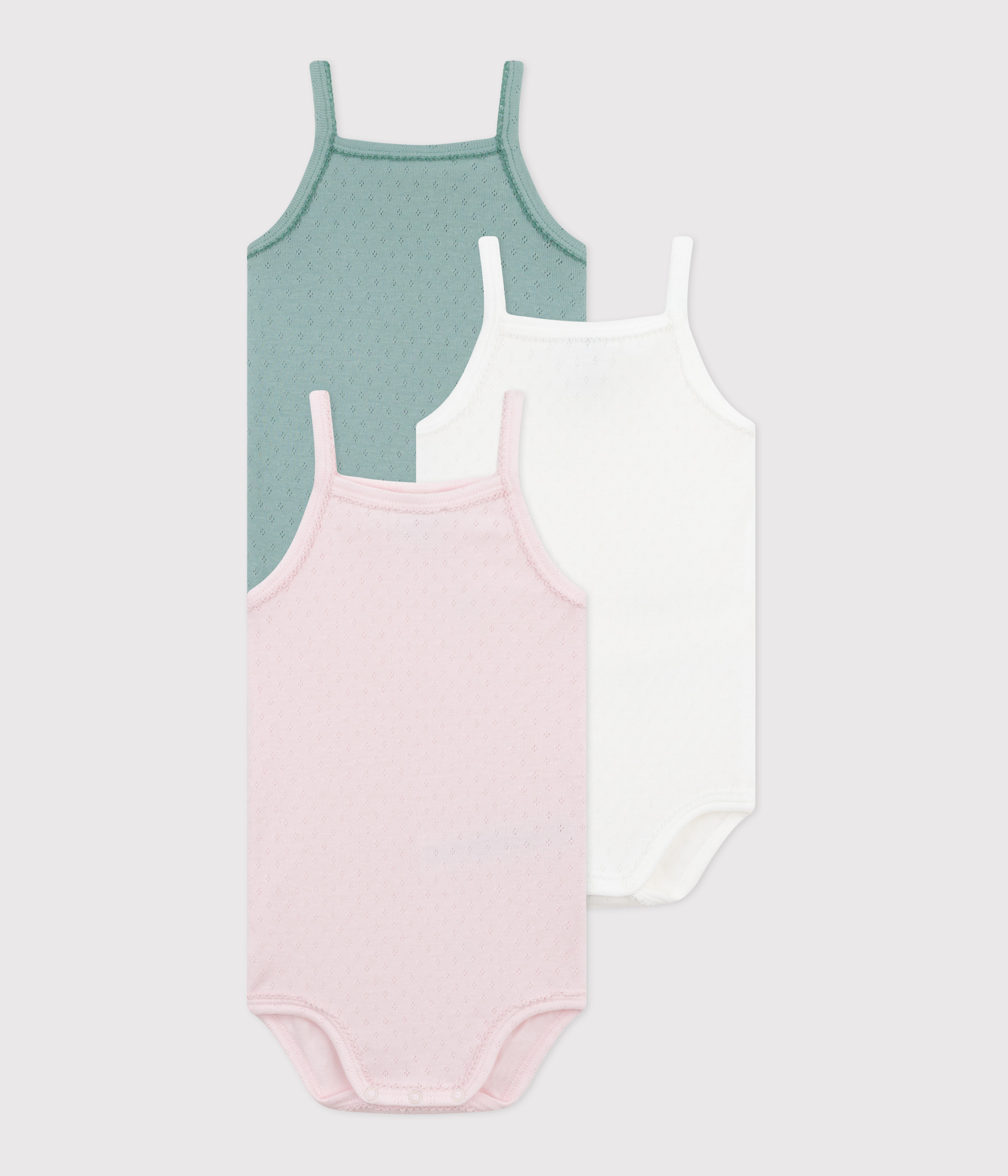 Set of 3 plain cotton baby bodysuits with straps