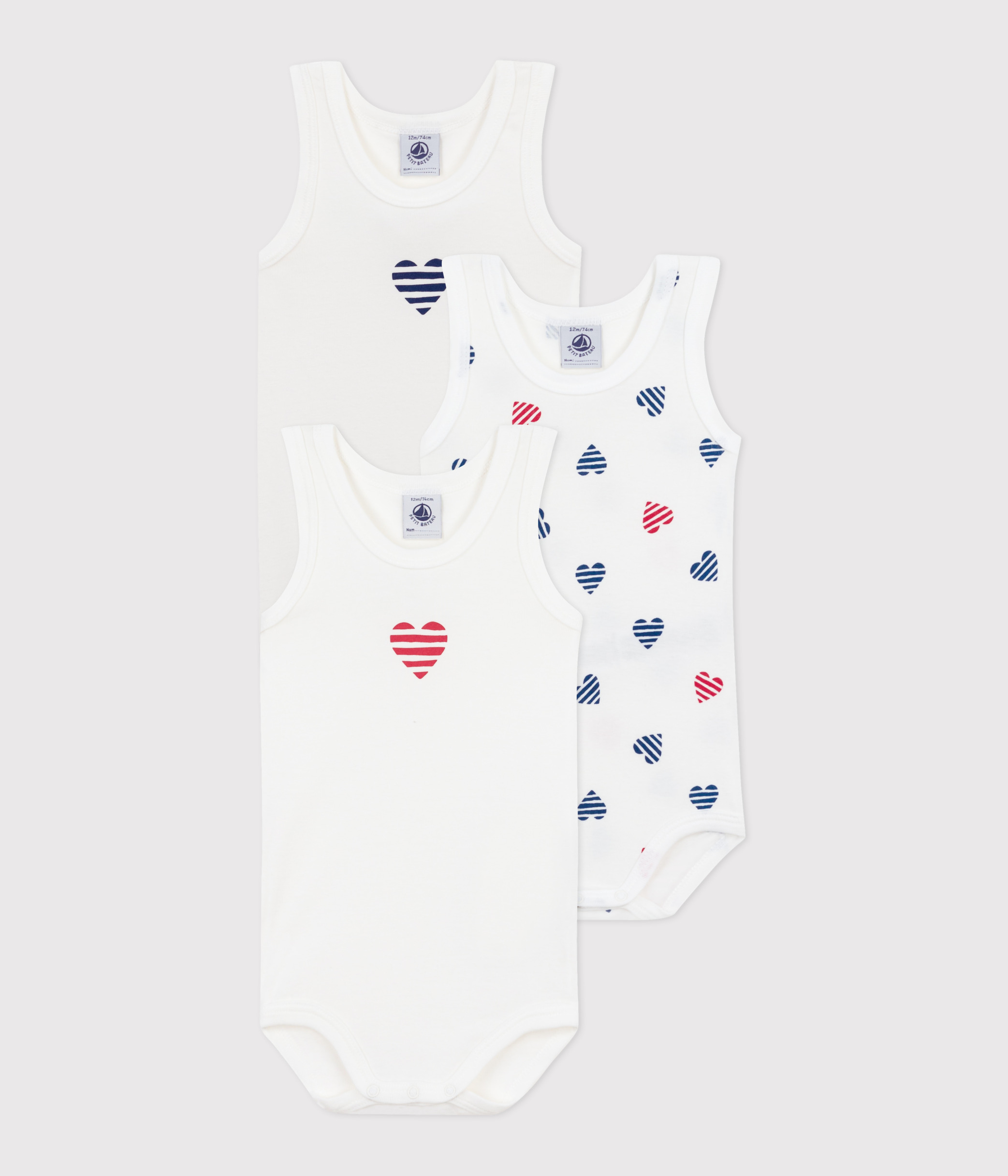 Set of 3 baby sleeveless cotton bodysuits with striped hearts