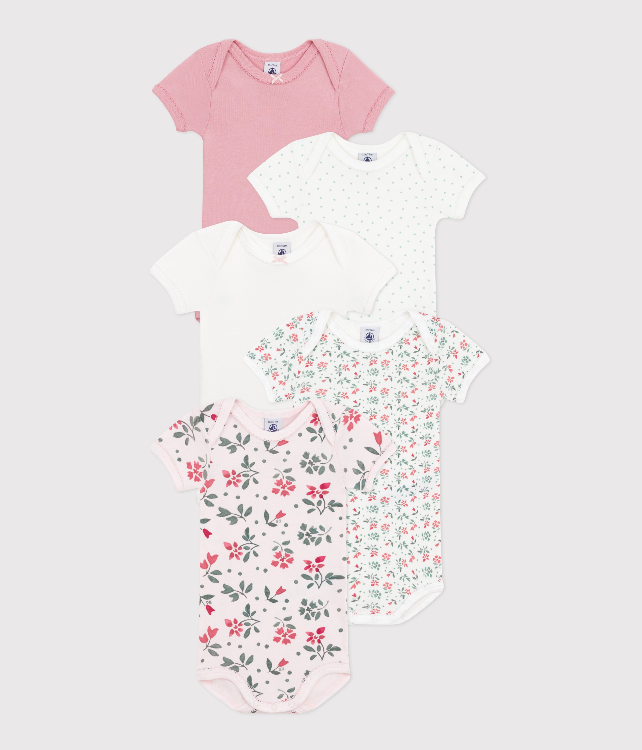 Set of 5 baby cotton short-sleeved floral bodysuits