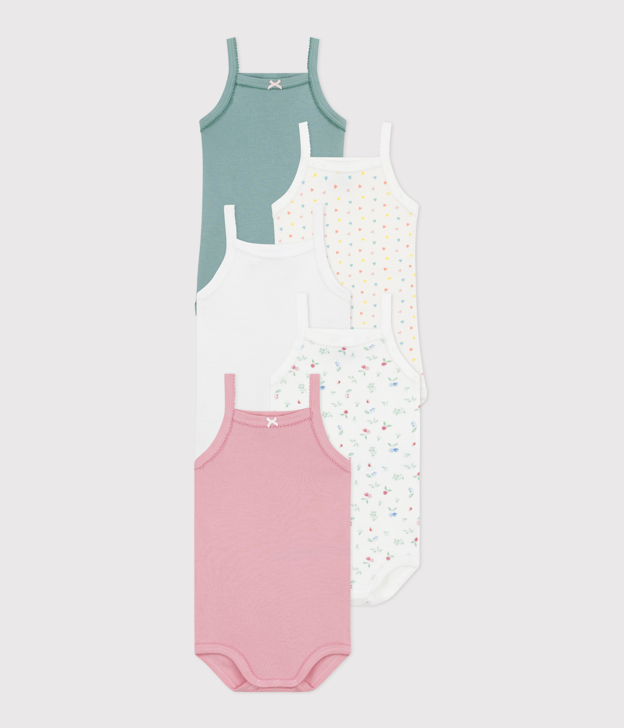 Set of 5 baby cotton bodysuits with straps and floral print