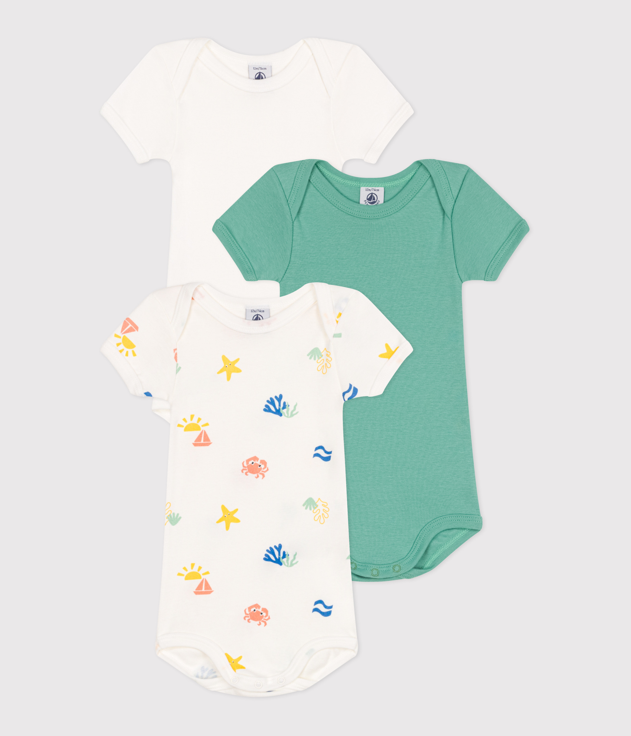 Set of 3 short-sleeved baby printed cotton bodysuits