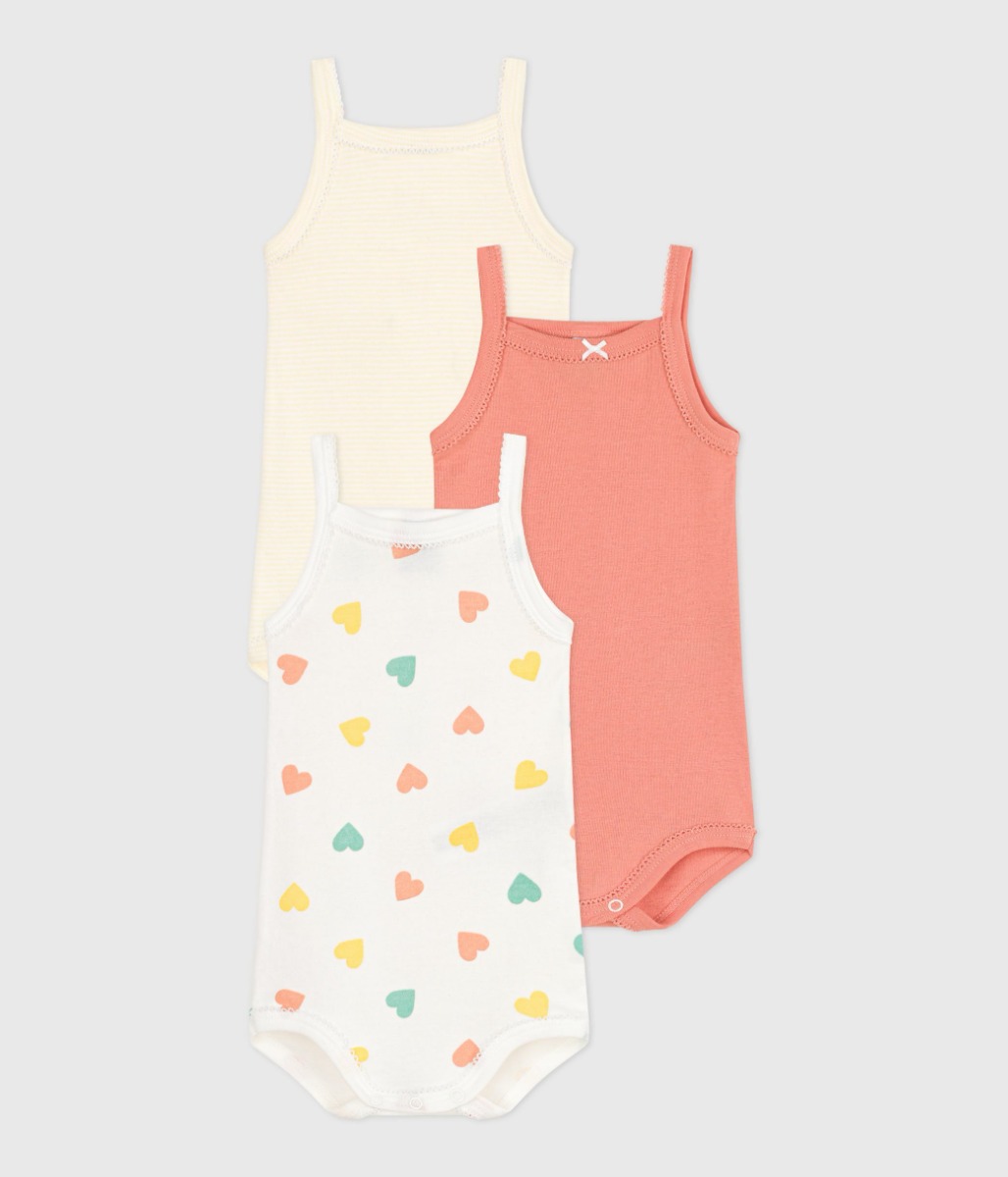Set of 3 baby cotton bodysuits with straps and hearts