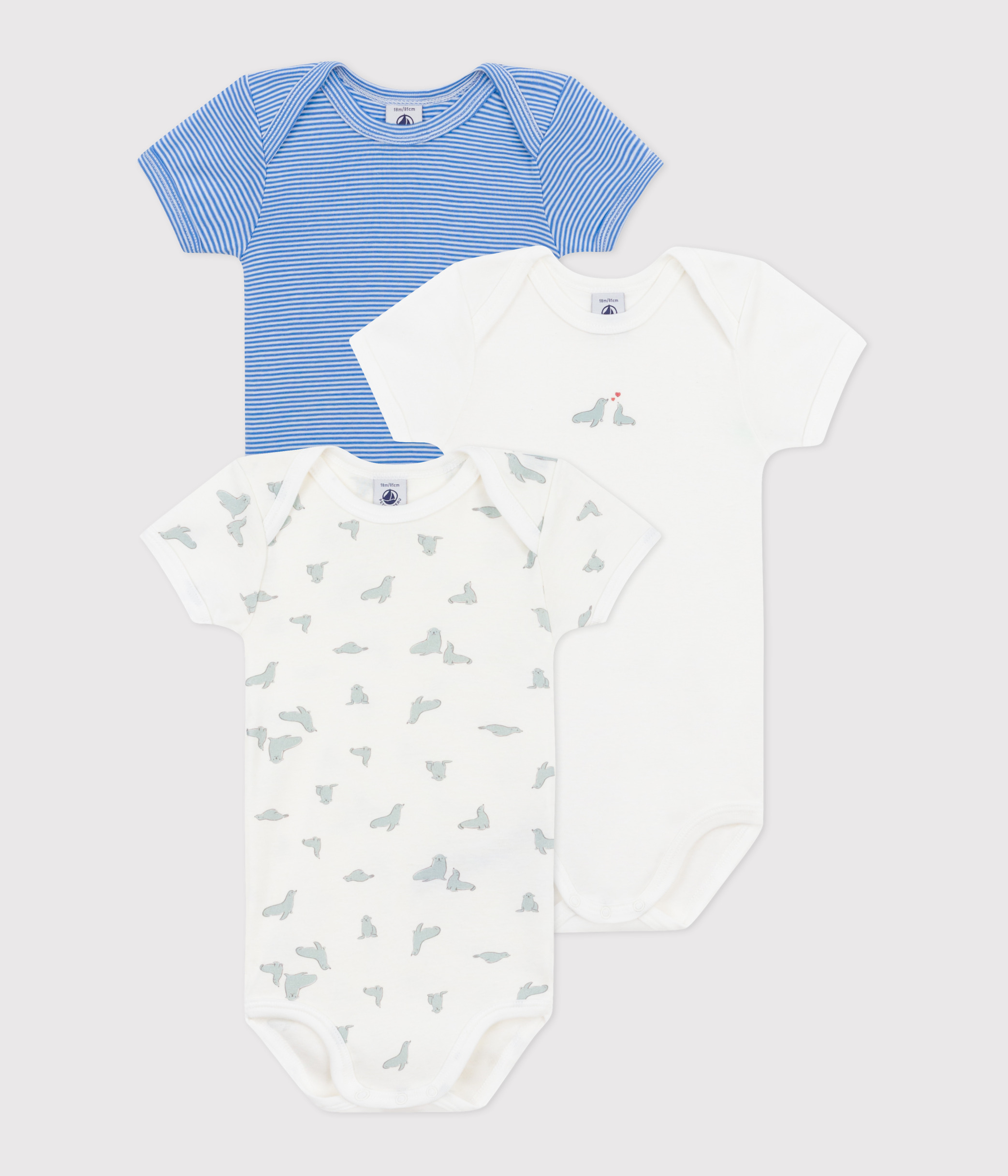 Set of 3 short-sleeved baby printed cotton bodysuits
