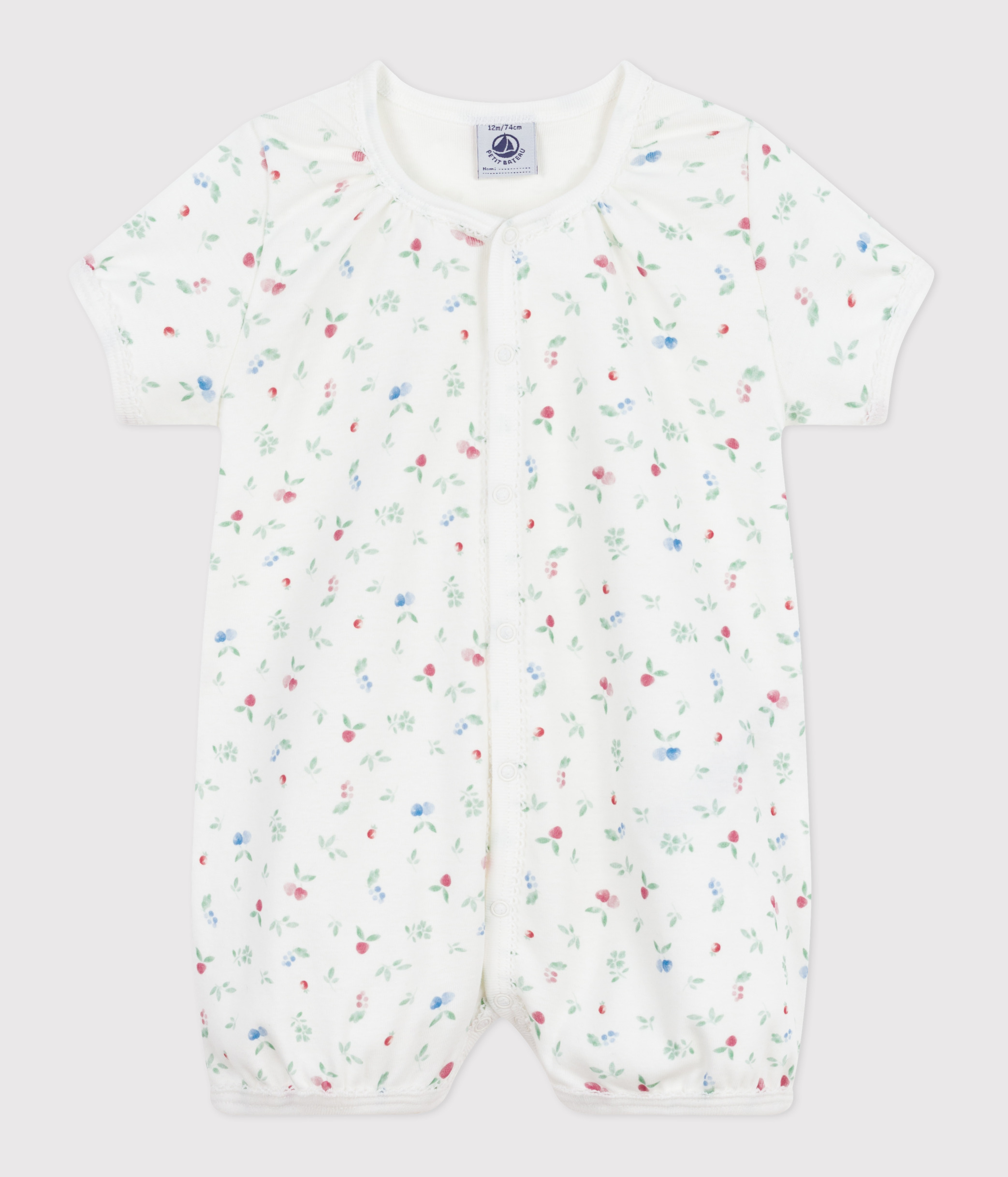 Baby short romper in cotton with fruit print