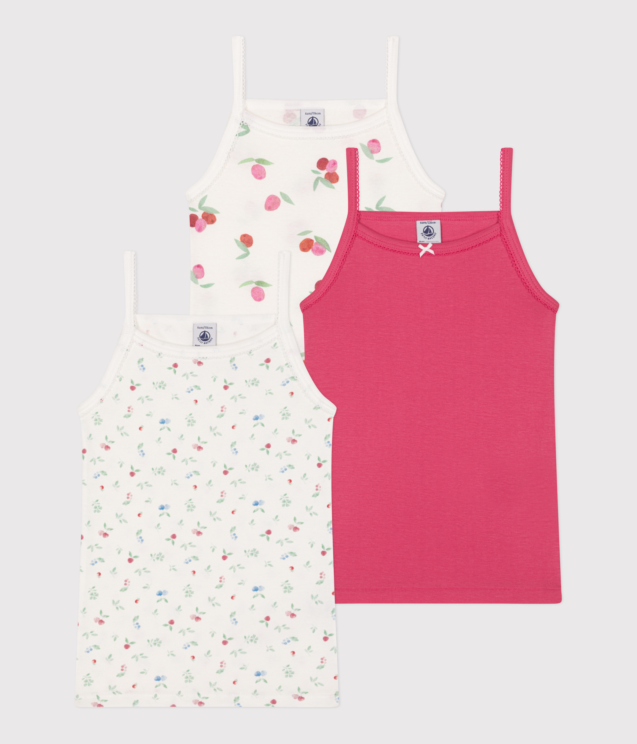 Set of 3 children's cotton tank tops with thin straps and fruit print