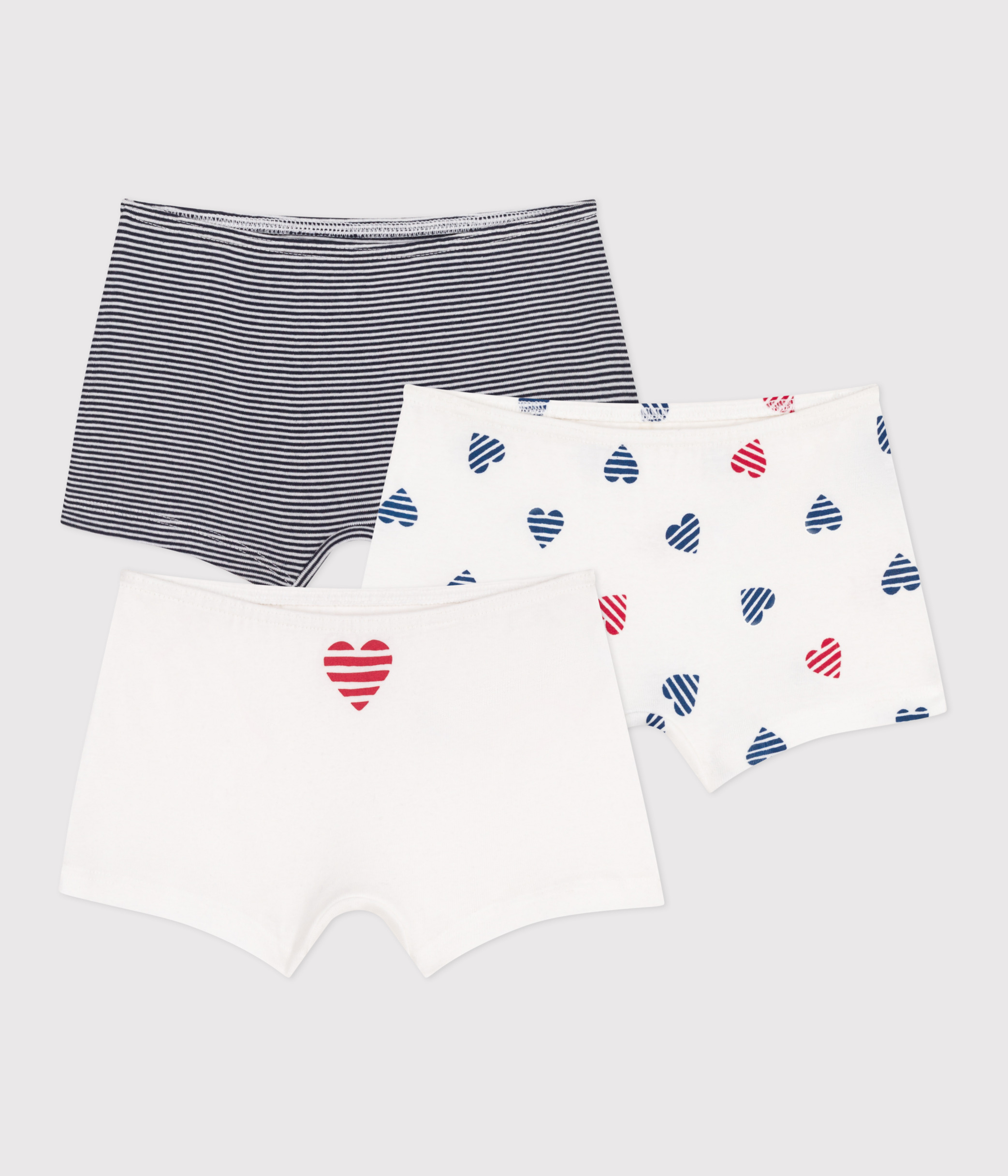 Set of 3 children's long cotton shorties with heart print