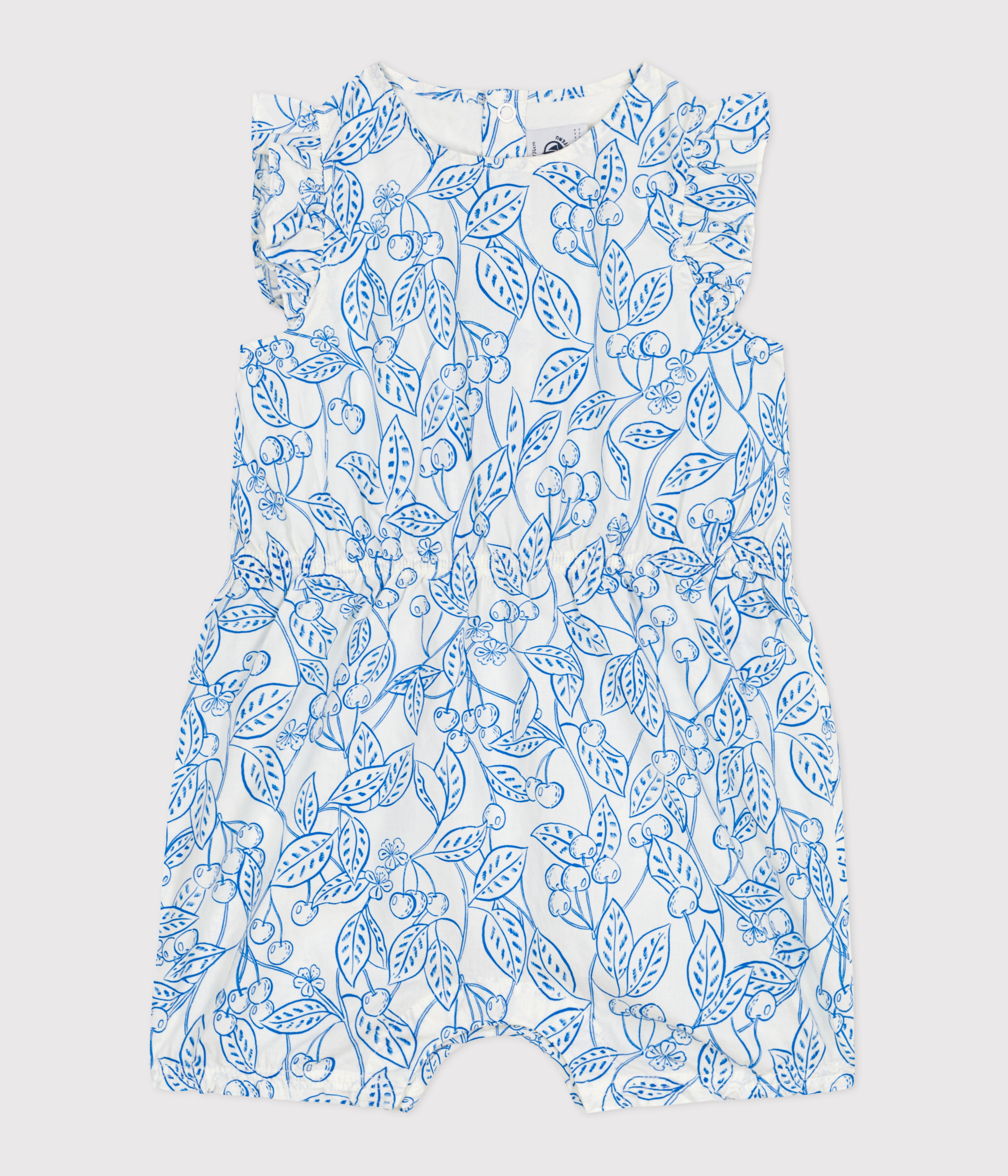 Babies' sleeveless playsuit in cotton with a blue cherry print