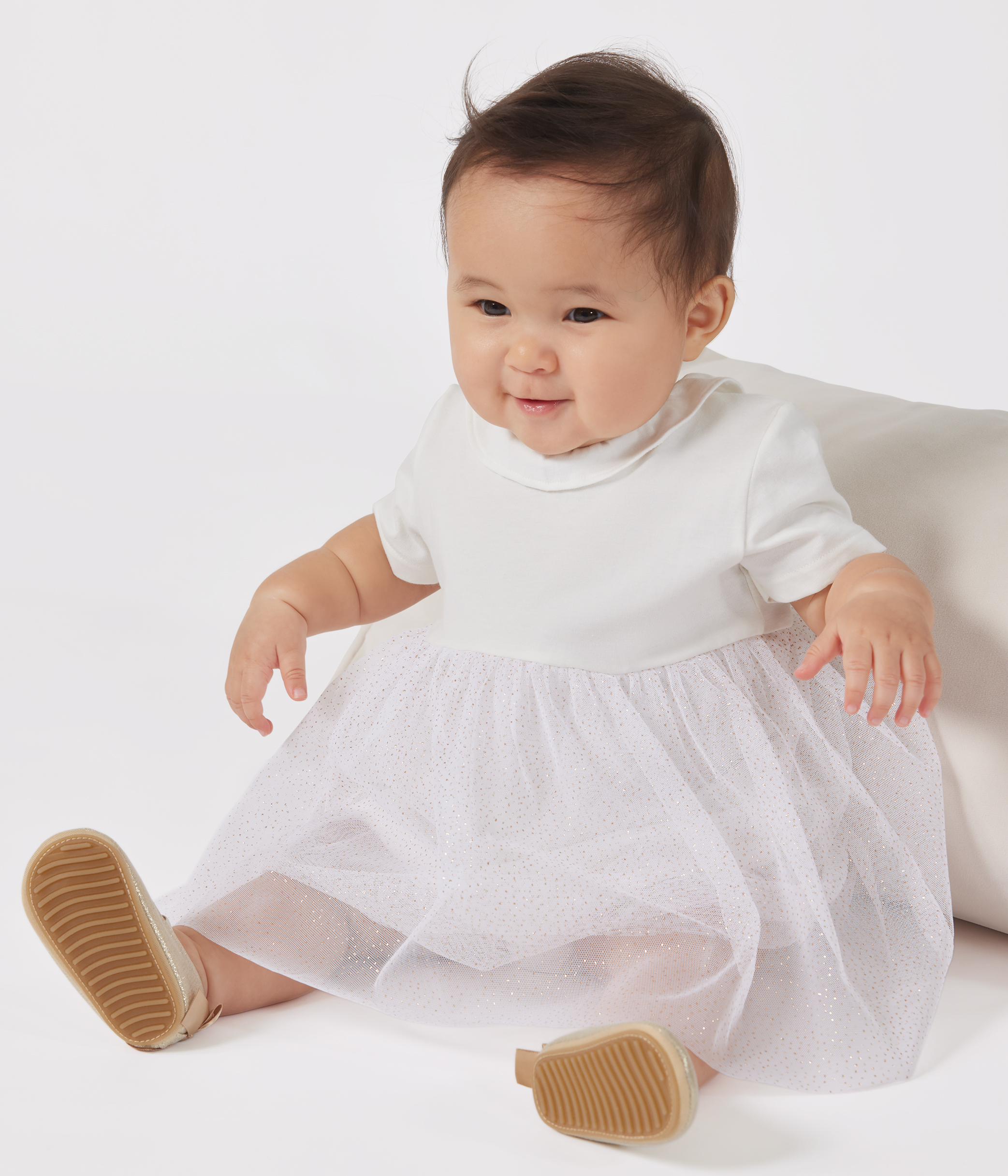 Babies' short-sleeved cotton and tulle dress with a ruff