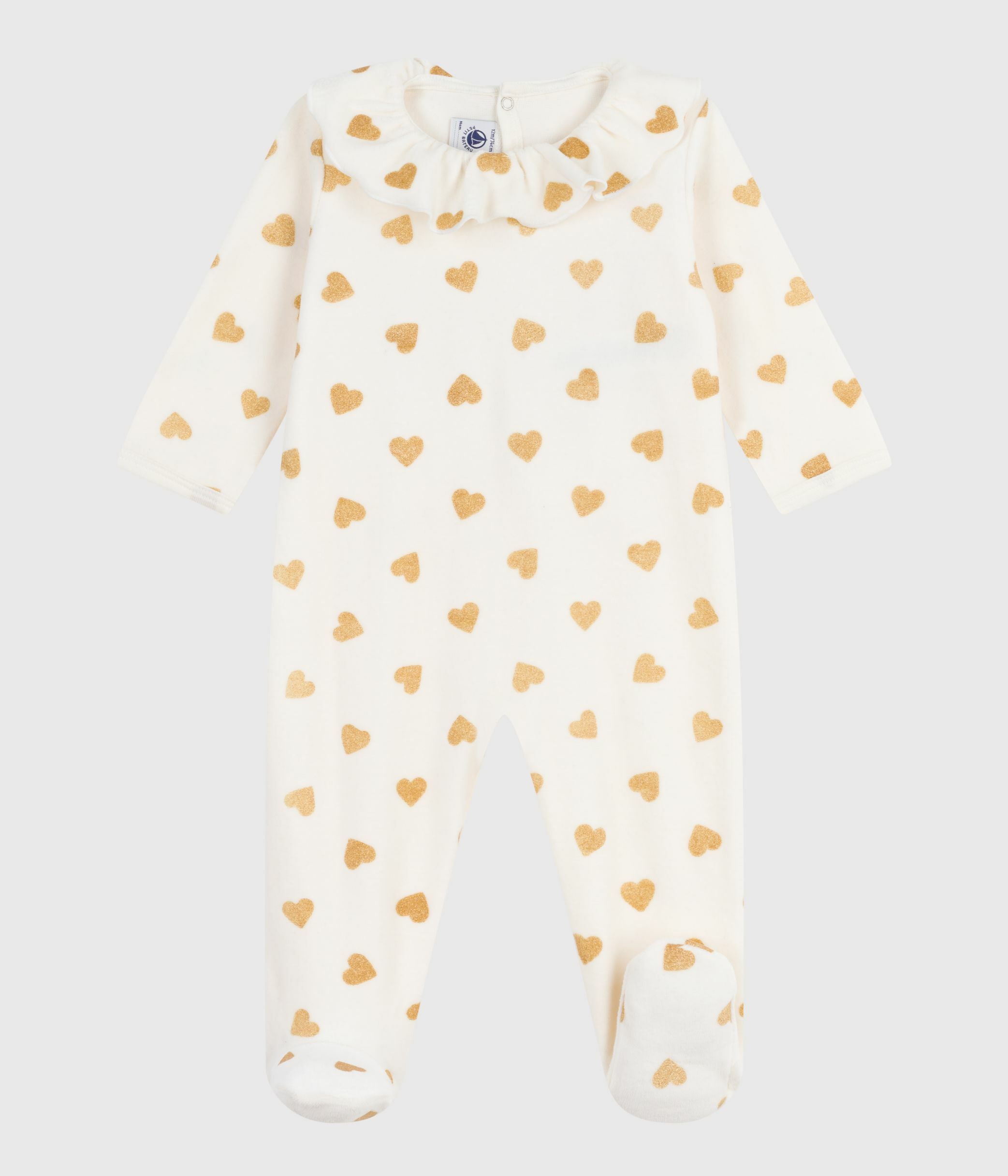 Babies' golden heart-printed velour pyjama suit with a back opening