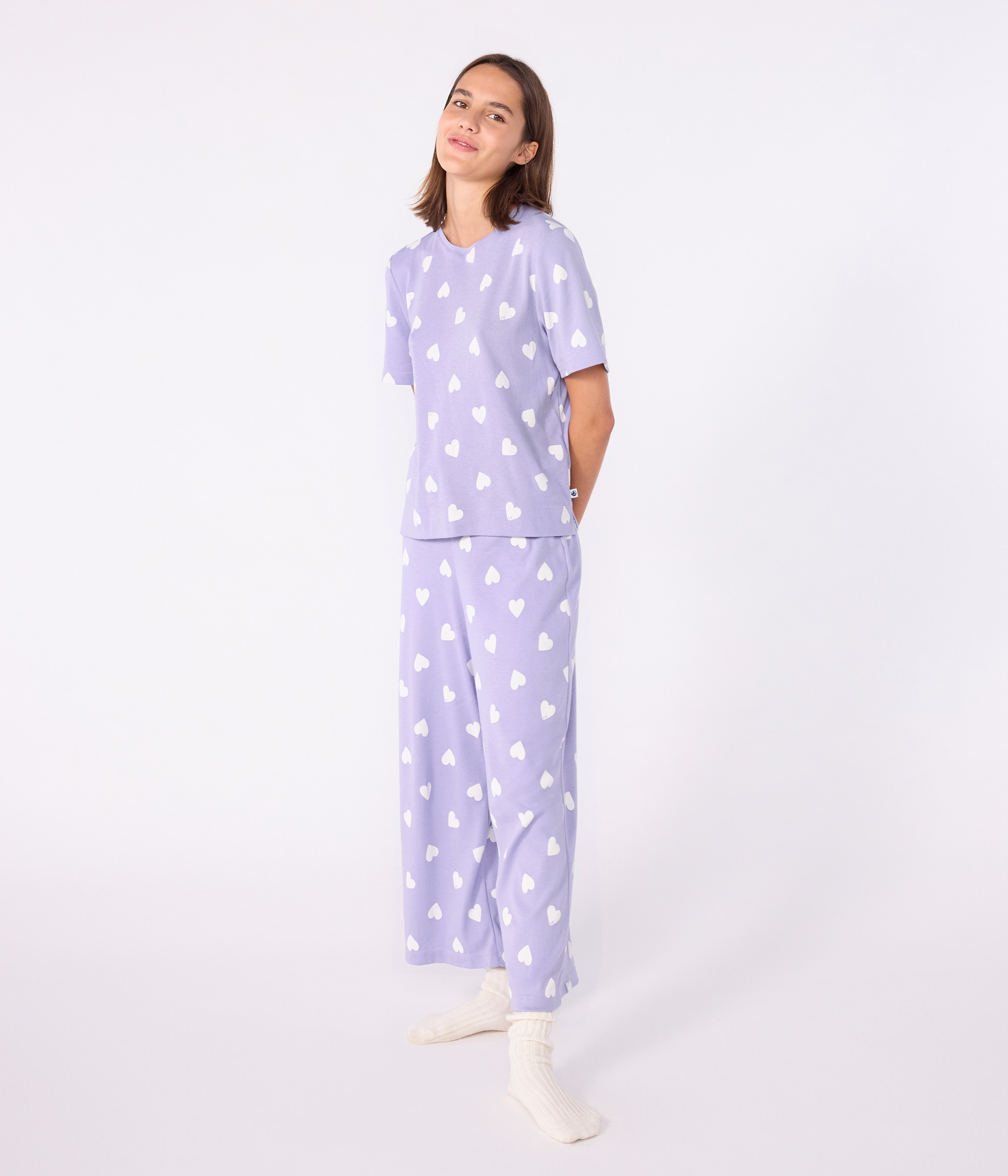 Women's cotton pyjamas with a heart print, short sleeves and wide legs
