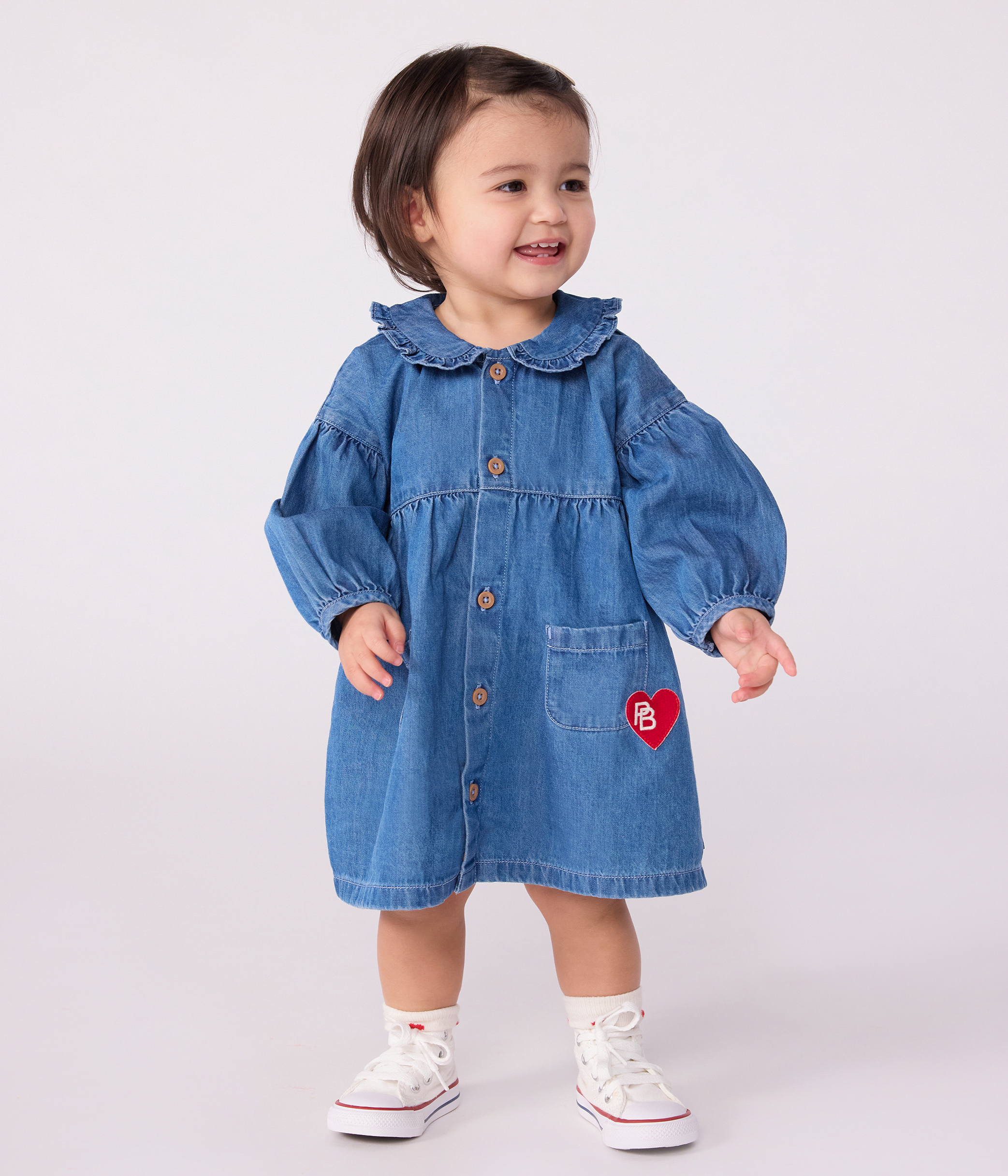 Babies' long-sleeved denim dress with a collar