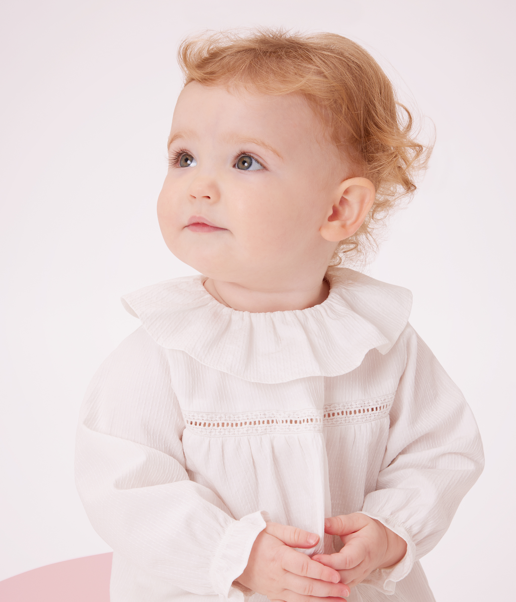 Babies' long-sleeved cotton poplin blouse with a collar and embroidery