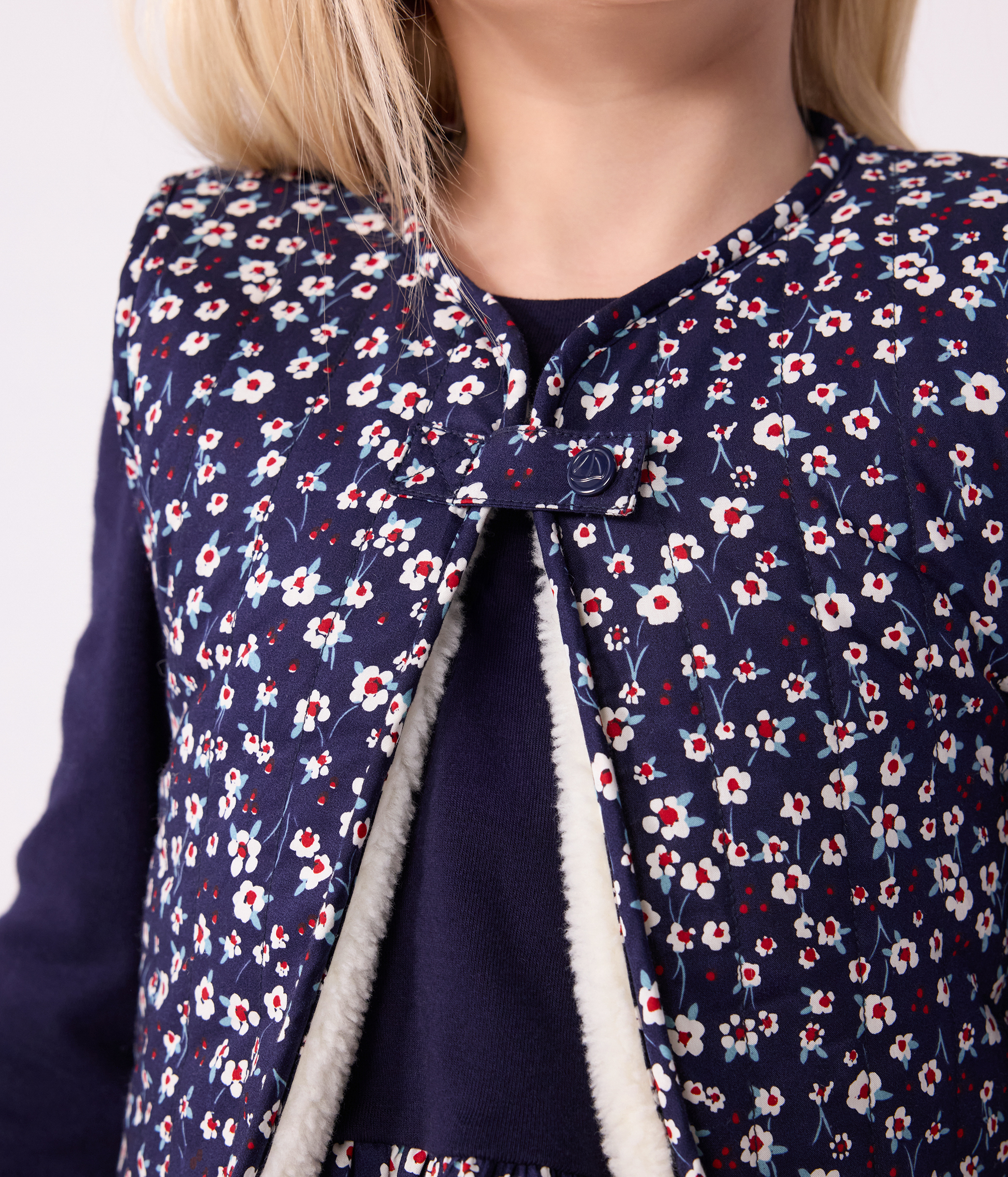 Children's sleeveless cardigan in printed cotton poplin and sherpa