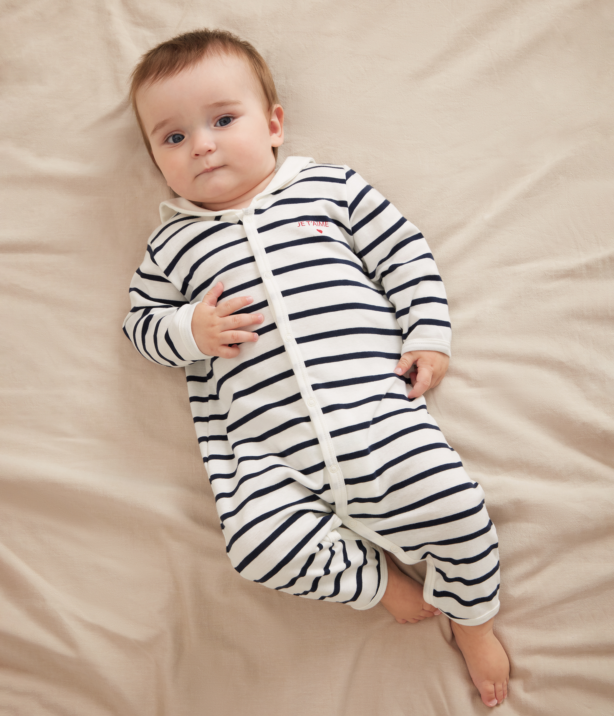 Babies' footless stripy boat-neck cotton pyjama suit