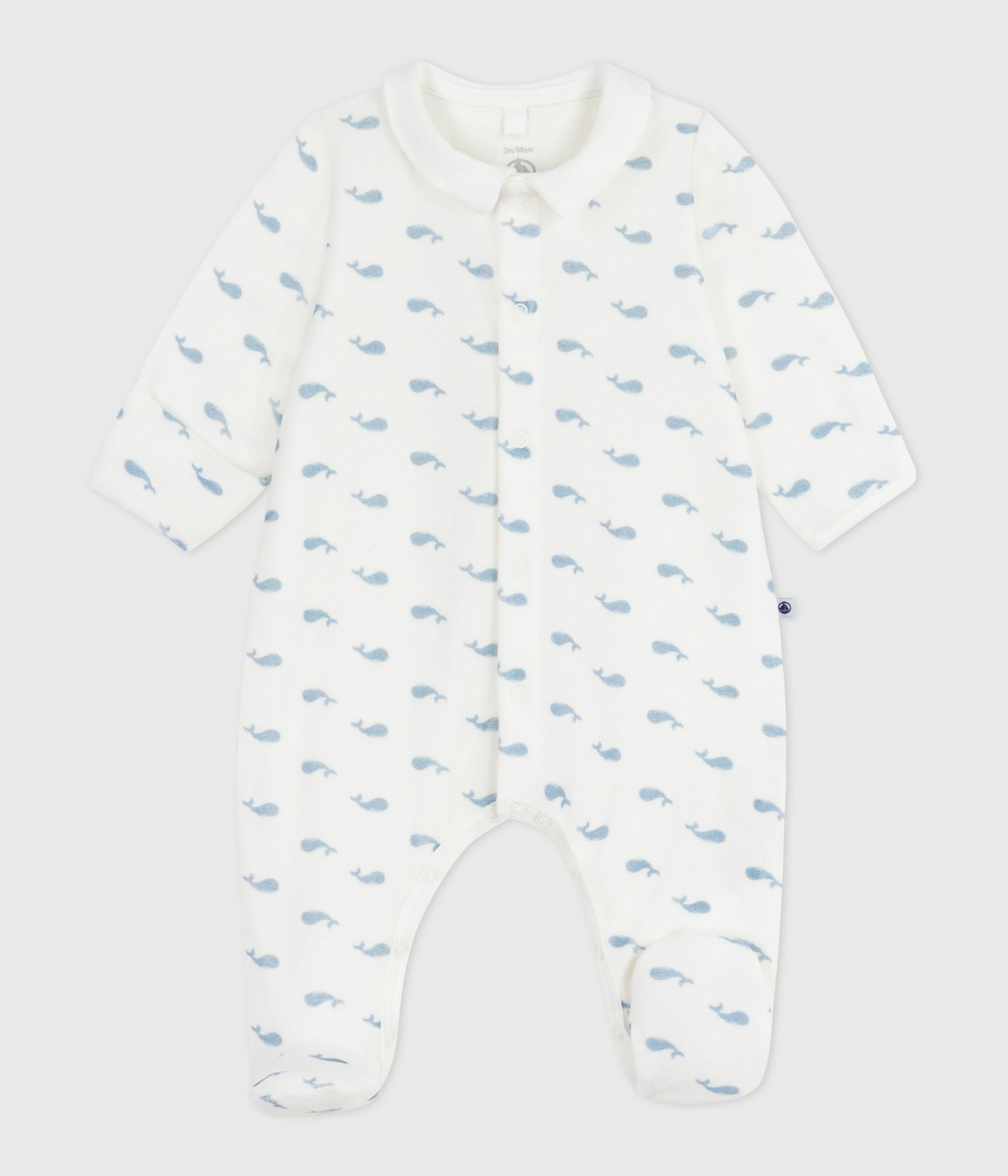 Babies' whale-print velour pyjama suit with a collar