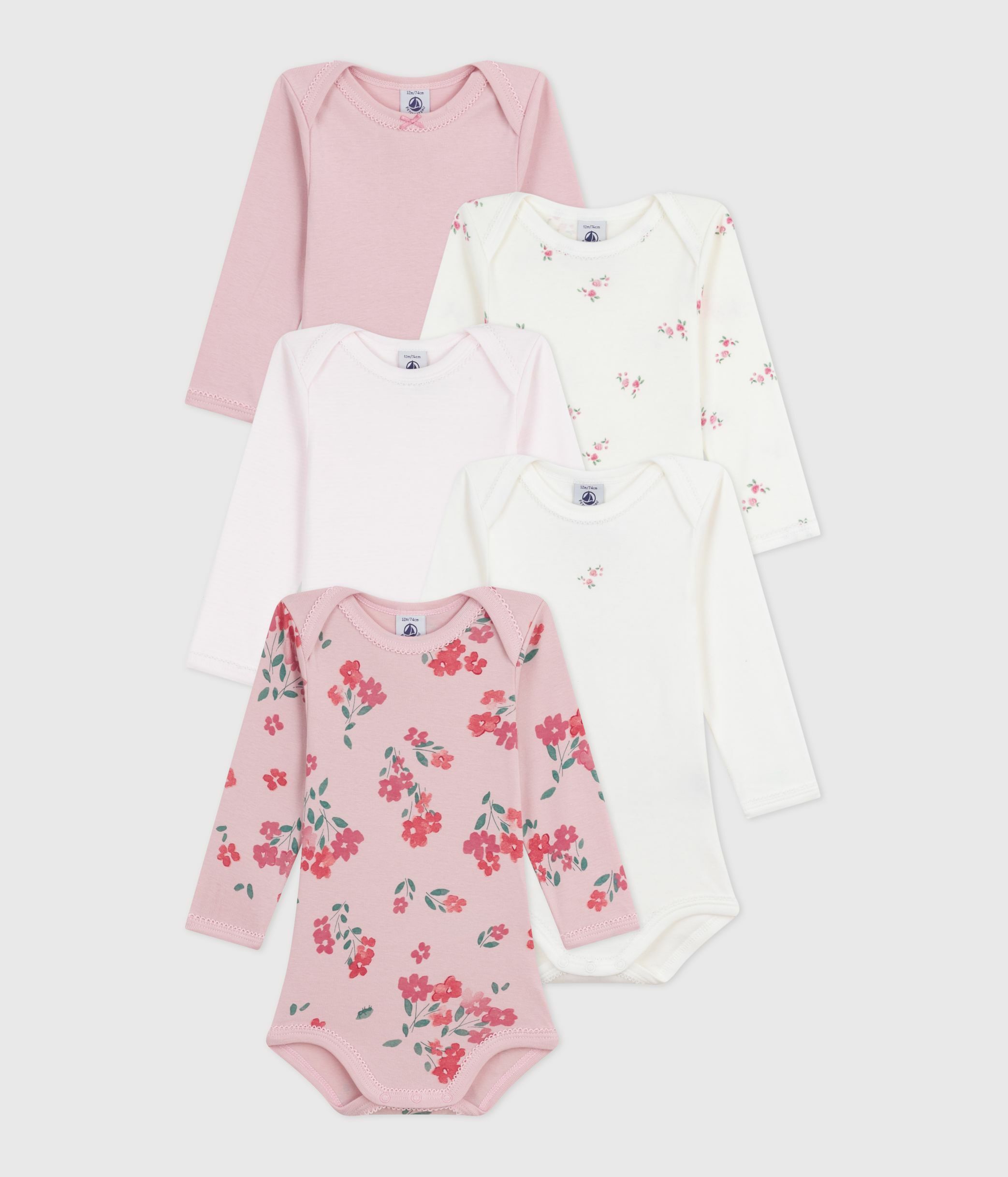 Pack of babies' long-sleeved floral-print cotton bodies