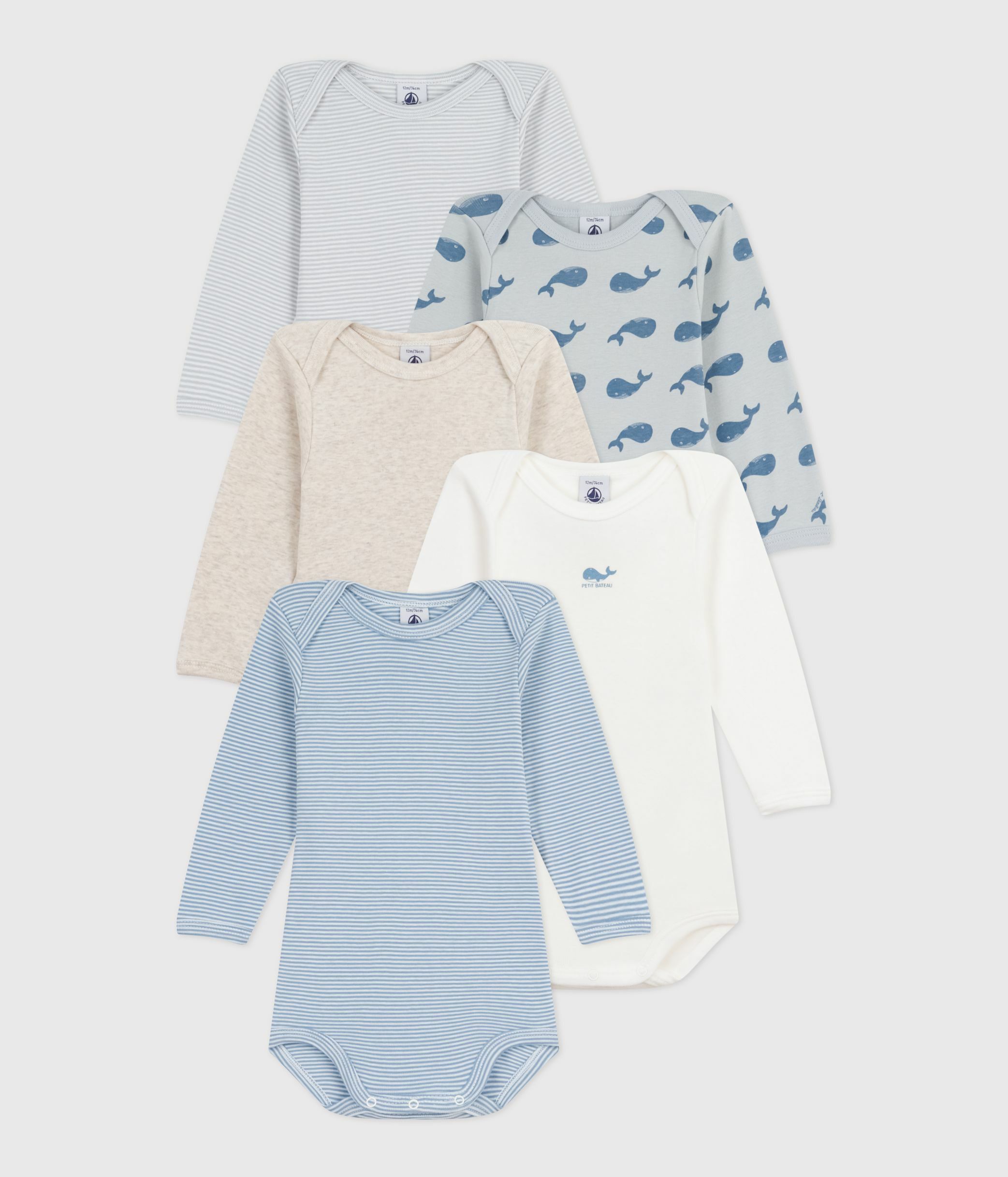 Pack of babies' long-sleeved whale-print cotton bodies