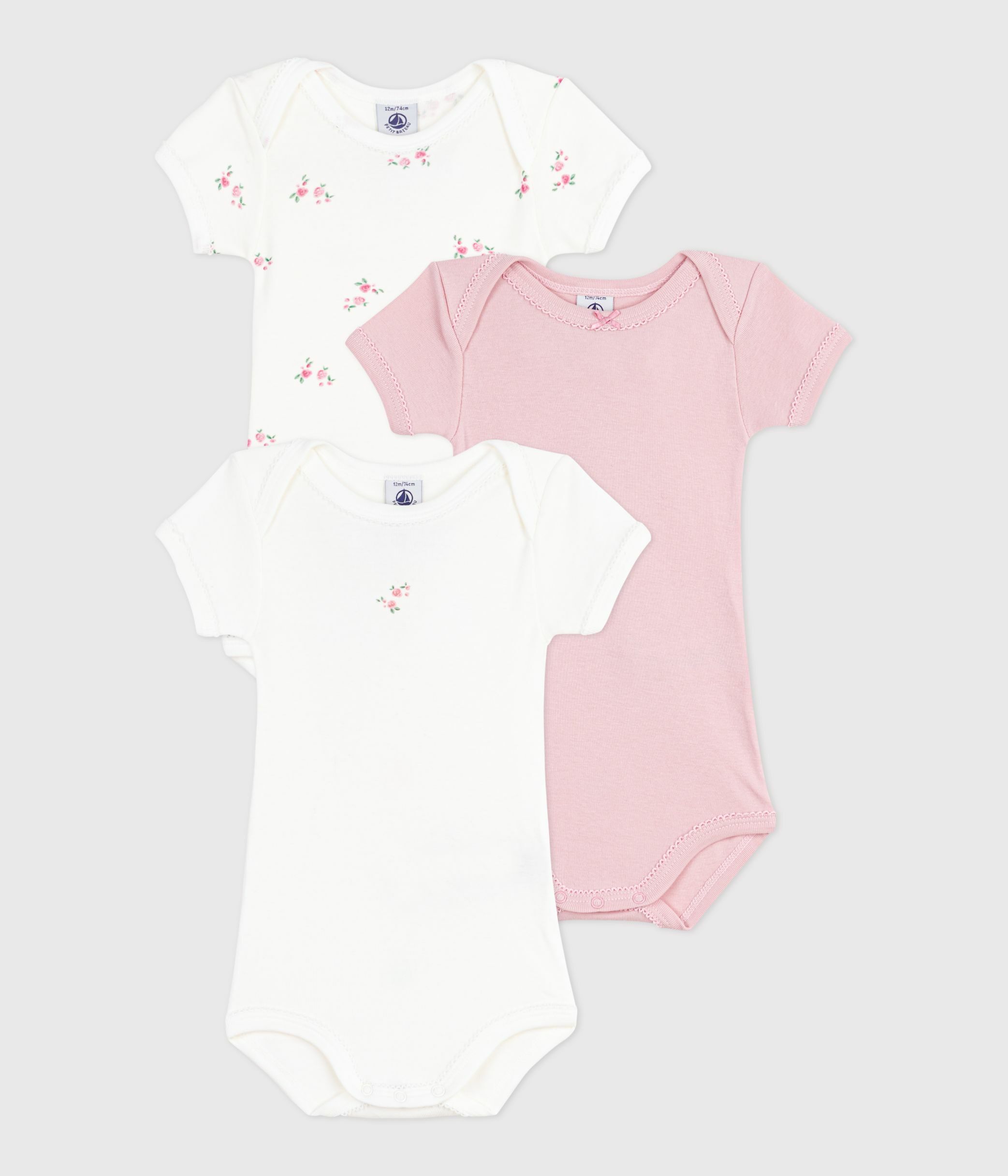 Pack of short-sleeved floral-print cotton bodies for babies