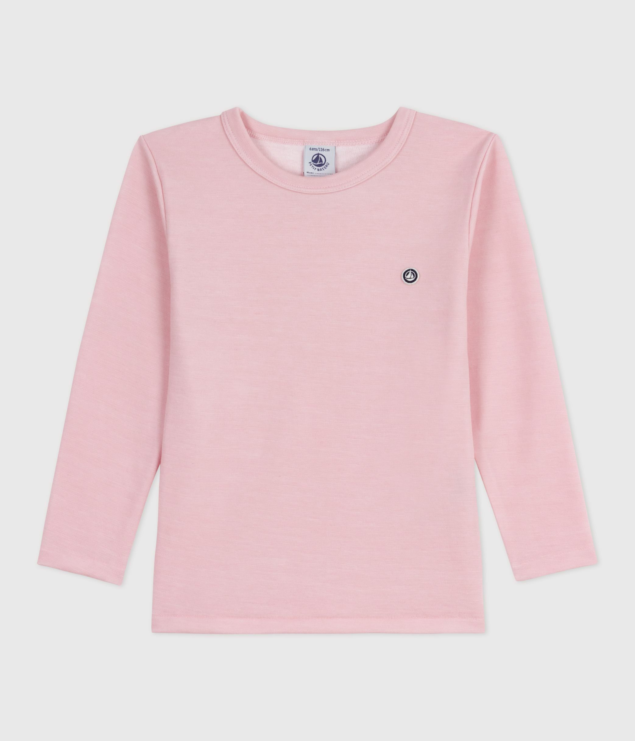 Children's long-sleeved plain wool and cotton t-shirt