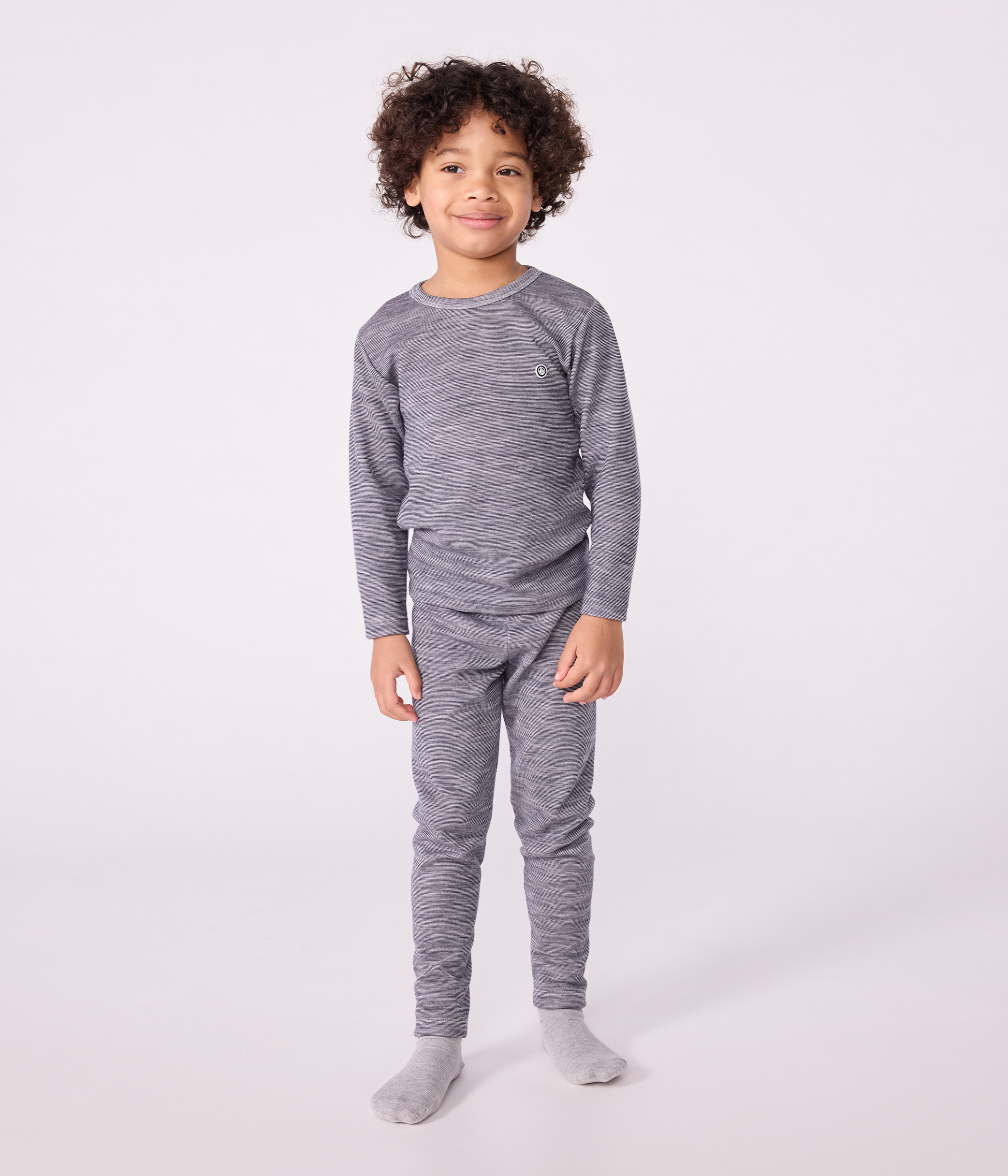 Children's long-sleeved stripy wool and cotton T-shirt