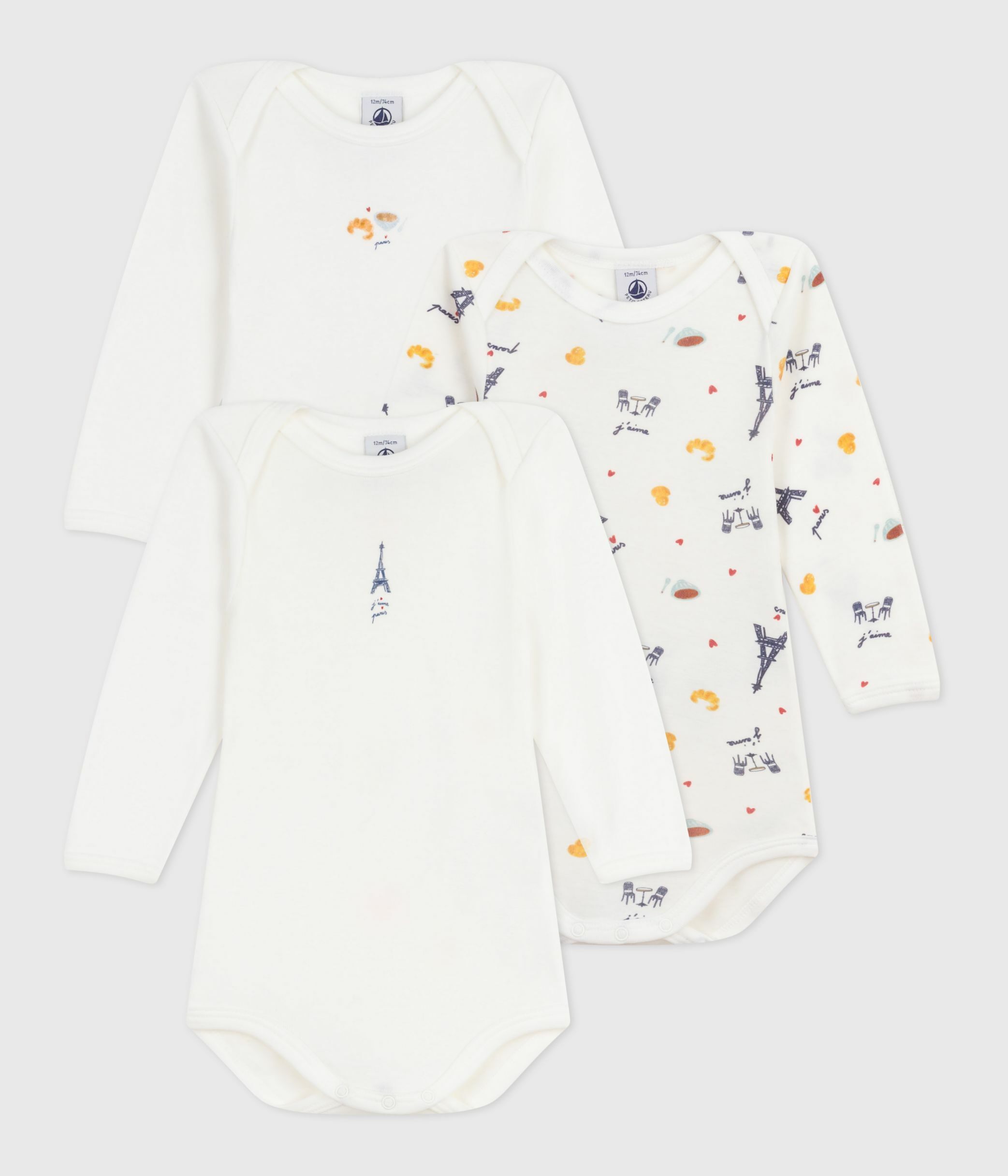 Pack of babies' long-sleeved Paris-print cotton bodies