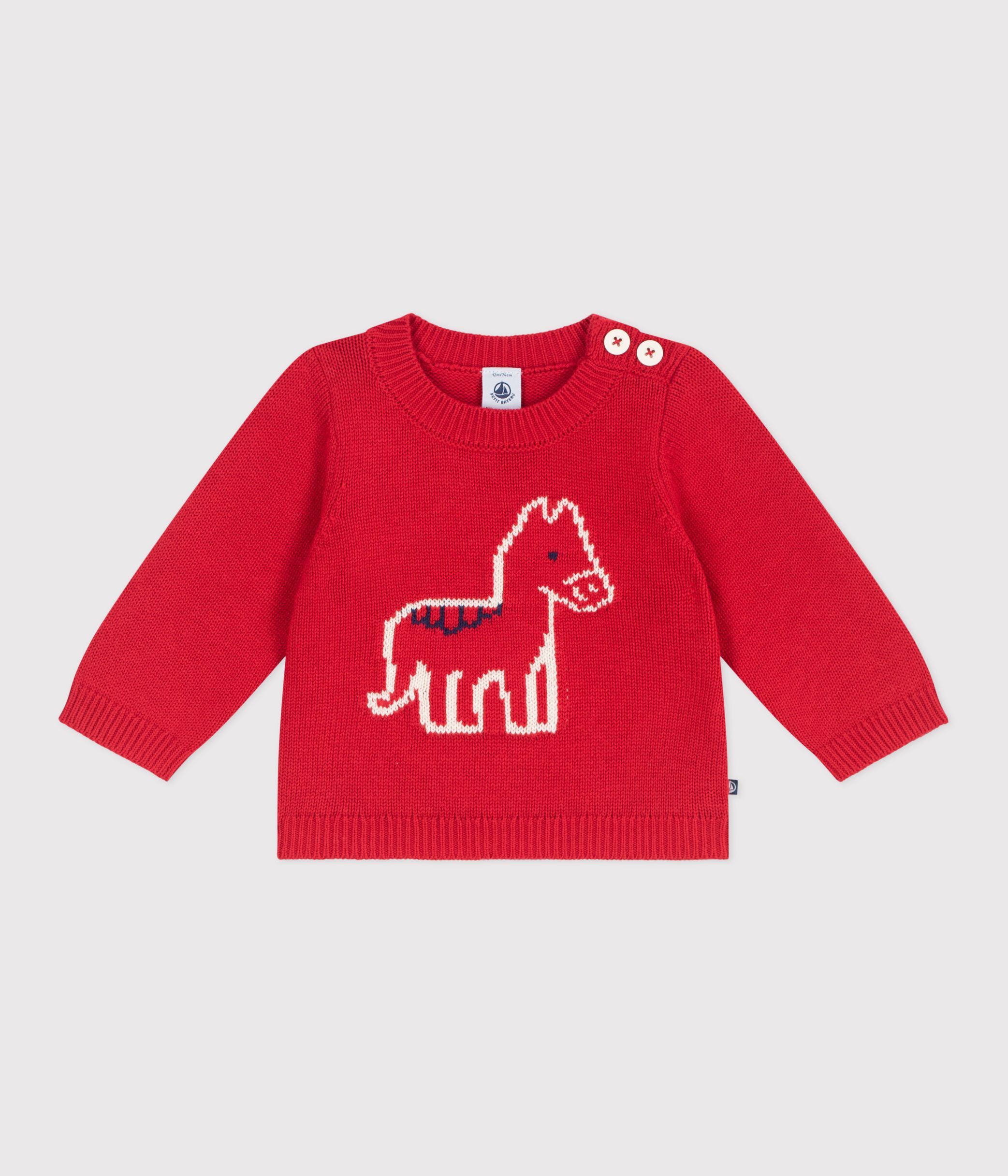 Babies' jumper in a wool and cotton knit with a horse design