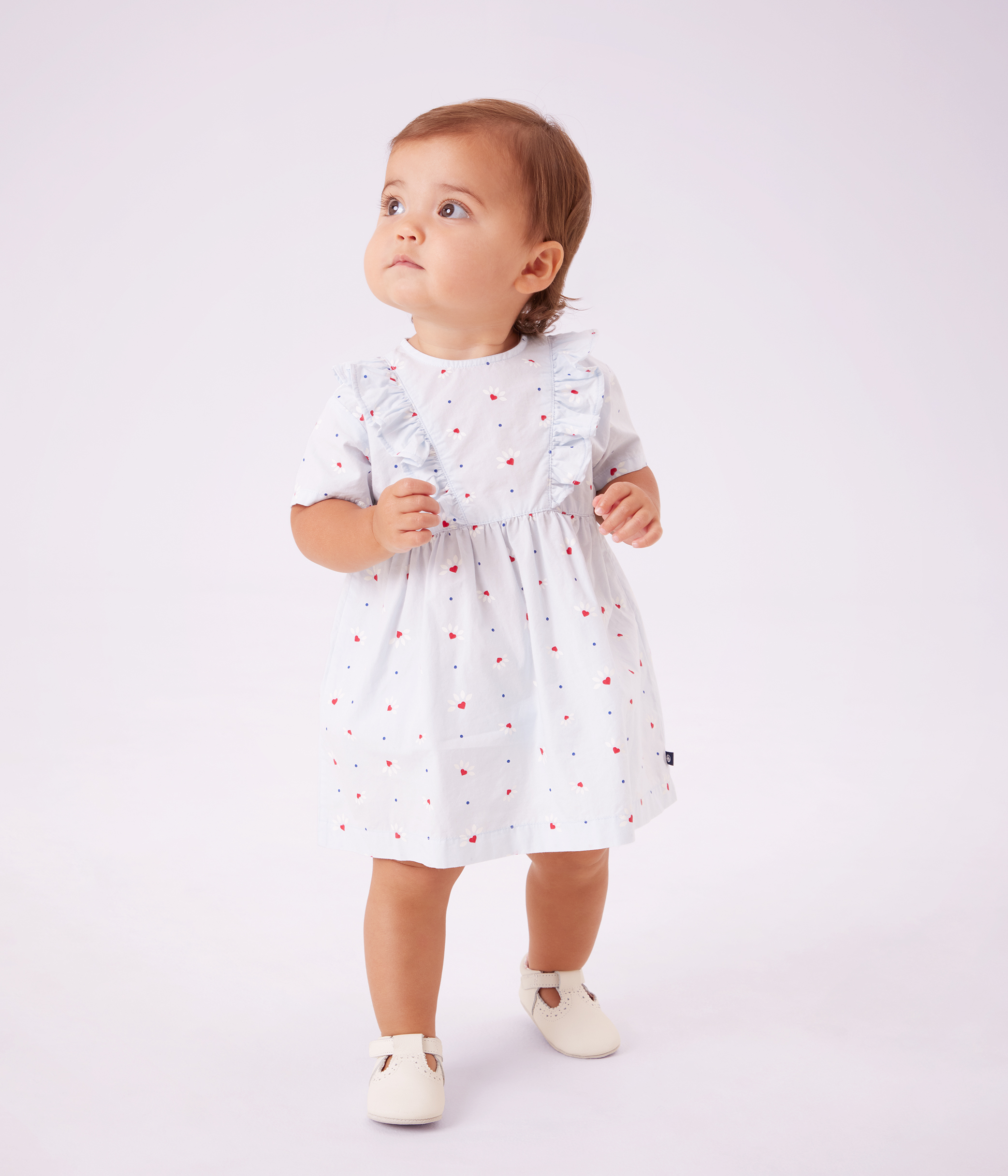 Babies' short-sleeved short printed cotton dress with matching bloomers