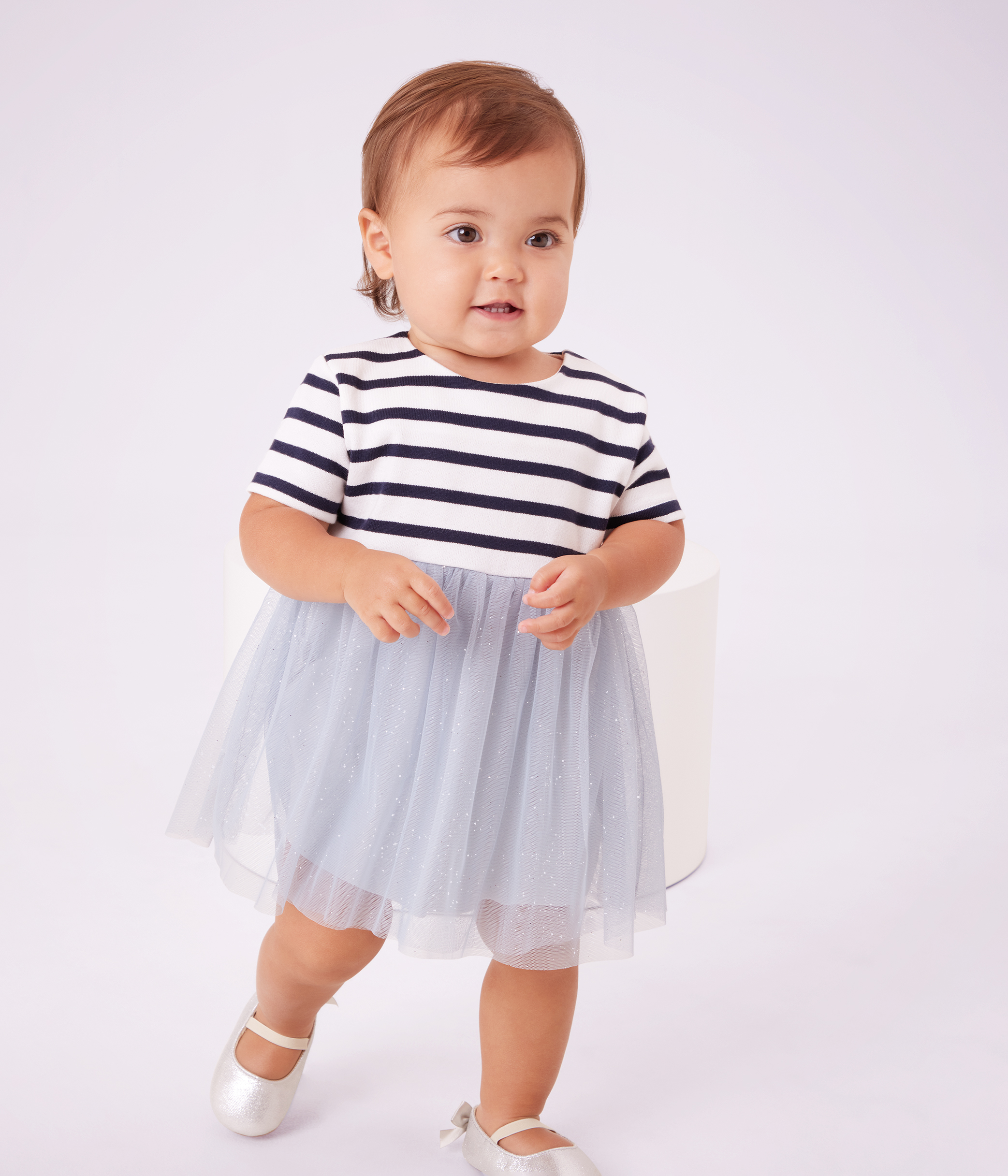 Babies' short-sleeved dress in two materials
