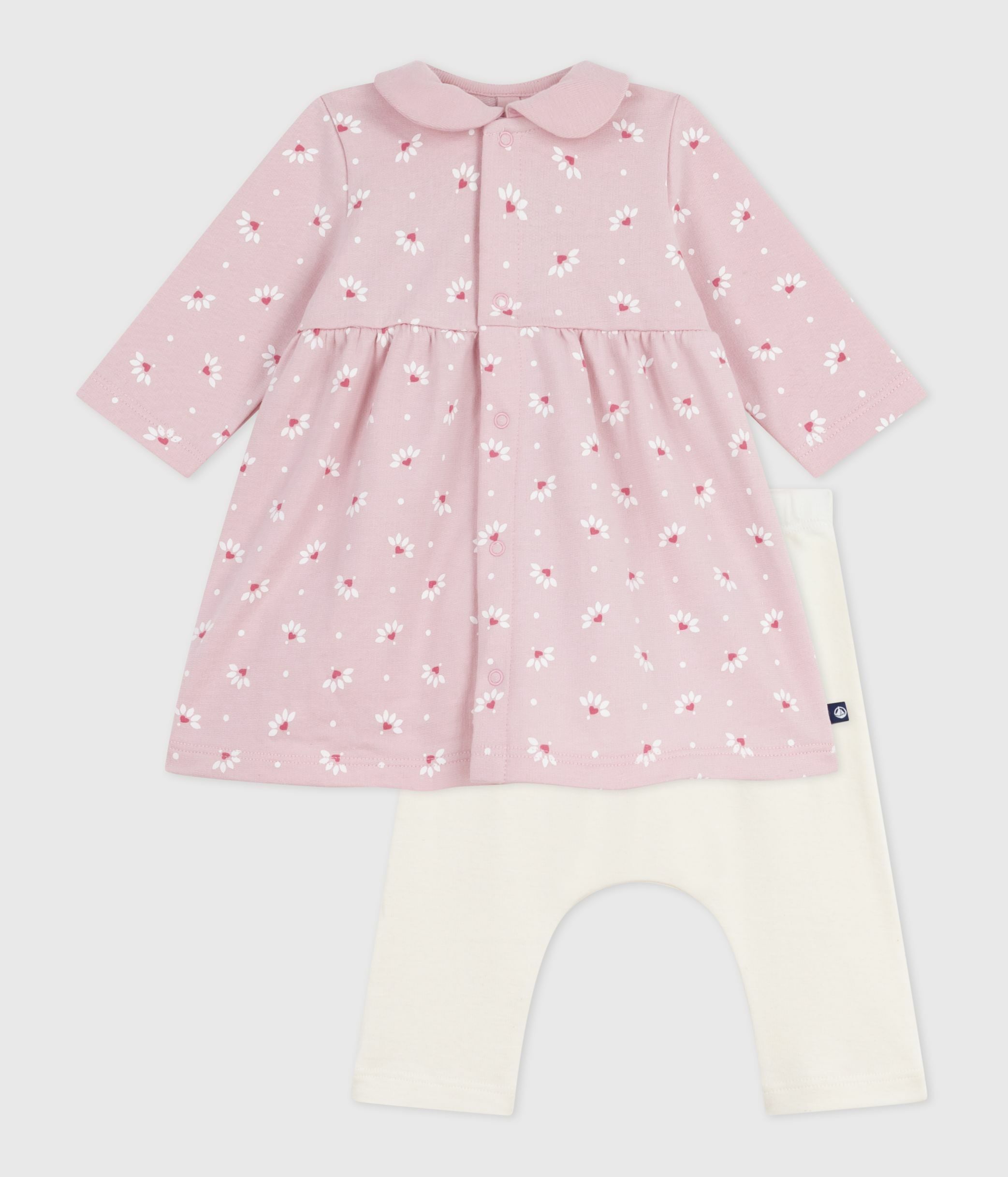 Babies' dress with a collar, printed with hearts and flowers, and leggings in cotton