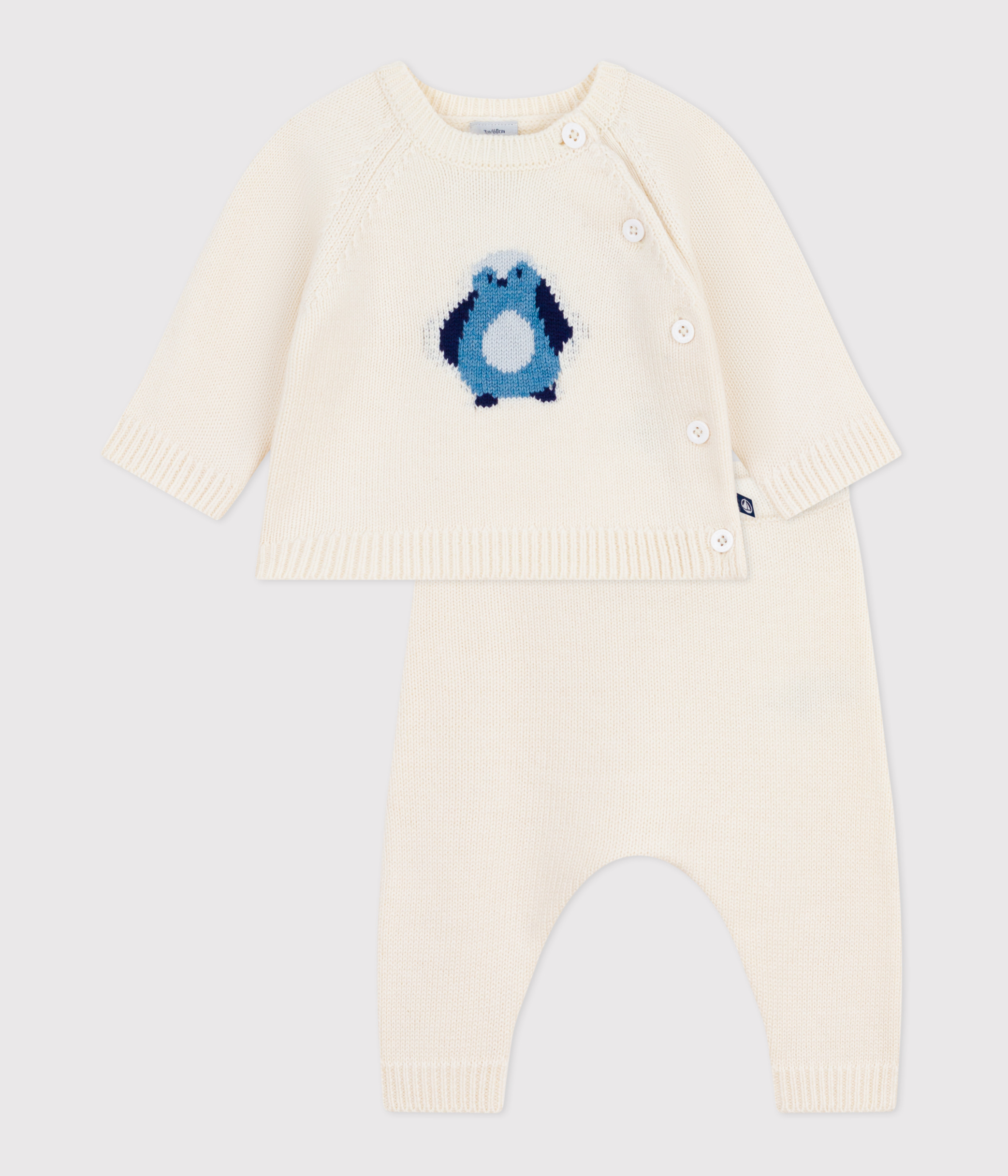 Babies' two-piece knitted outfit with a penguin print
